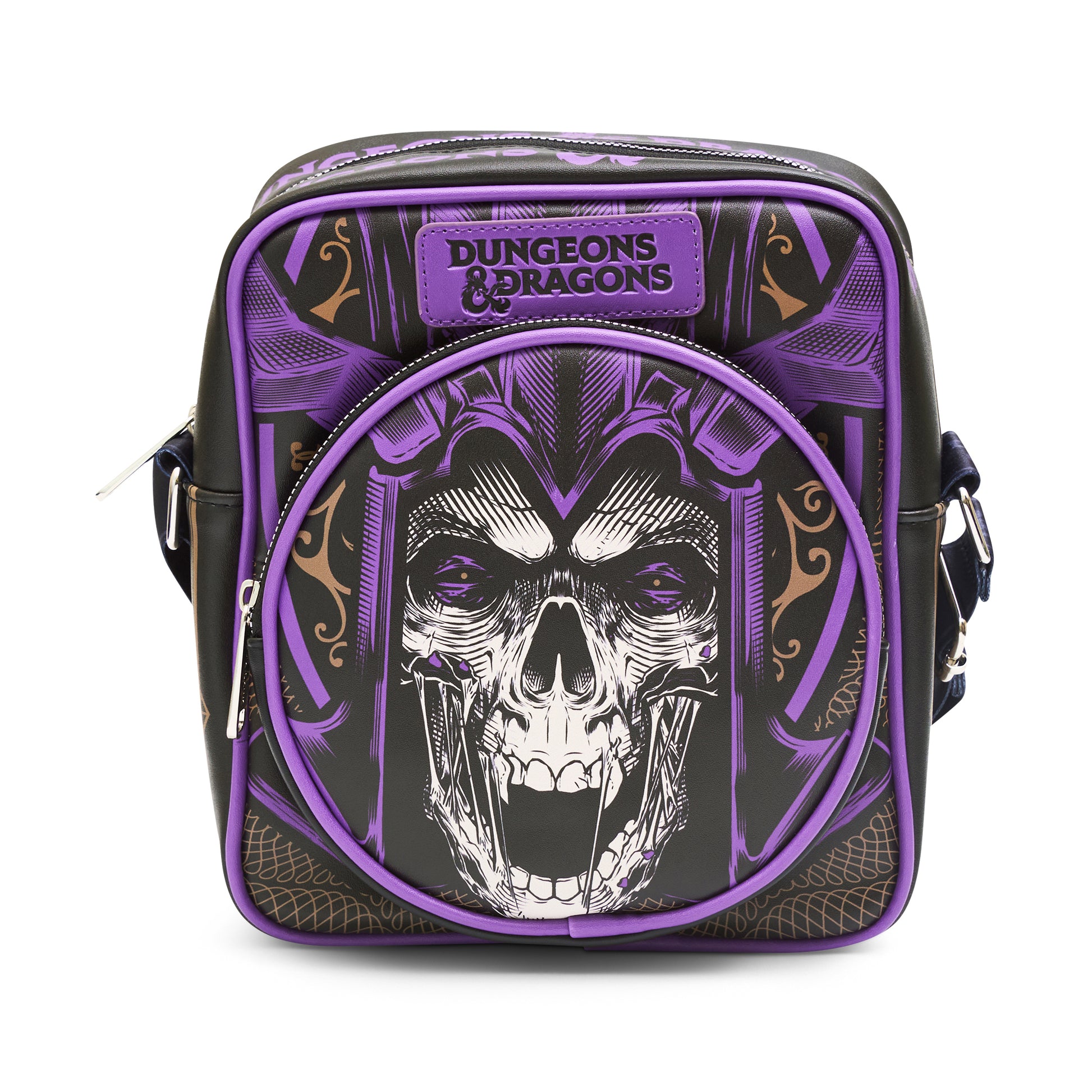 Wizards of the Coast Vegan Leather Crossbody Bag with Front and Back Zip Pocket, Dungeons and Dragons Dungeon Masters Guide Face Icon Black, 8.5" x 10.0" Crossbody Bags Dungeons & Dragons