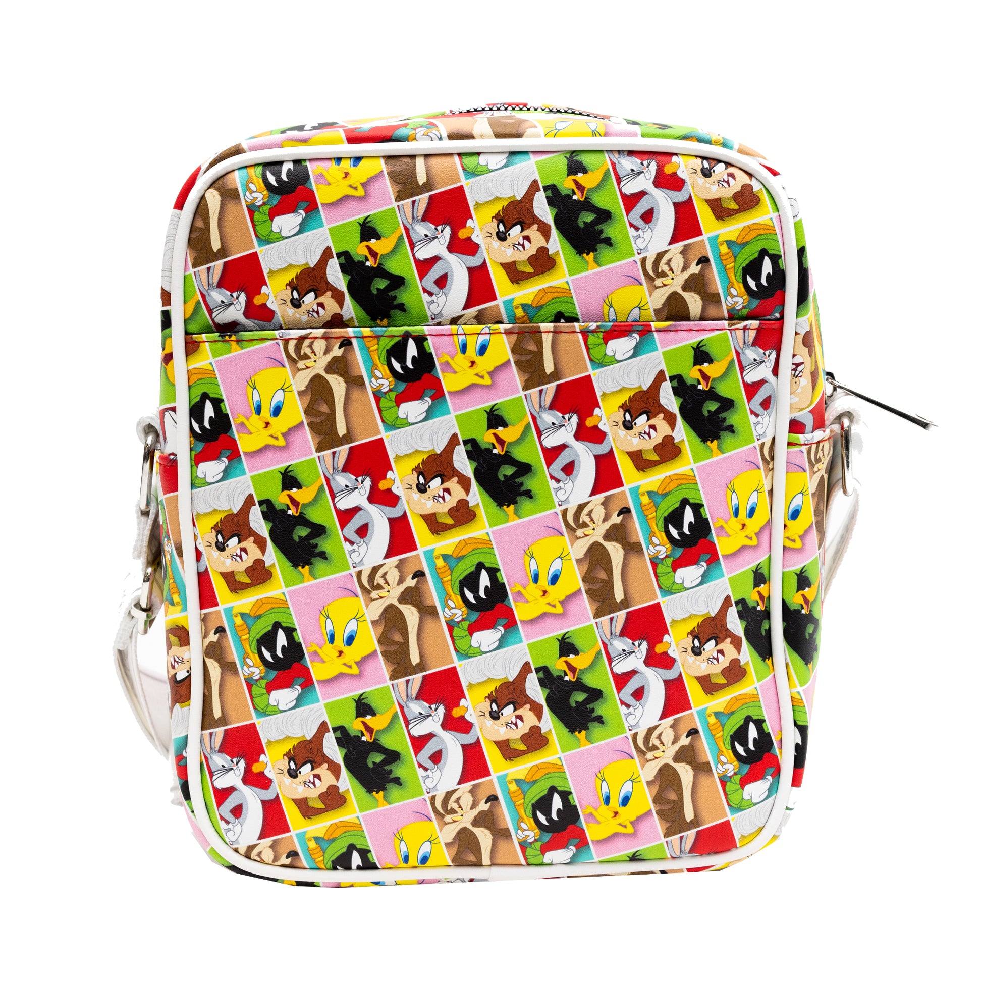 Looney Tunes Vegan Leather Crossbody Bag with Front and Back Zip Pocket, Looney Tunes Bullseye Group Pose and Character Block Poses, 8.5" x 10.0" Crossbody Bags Looney Tunes