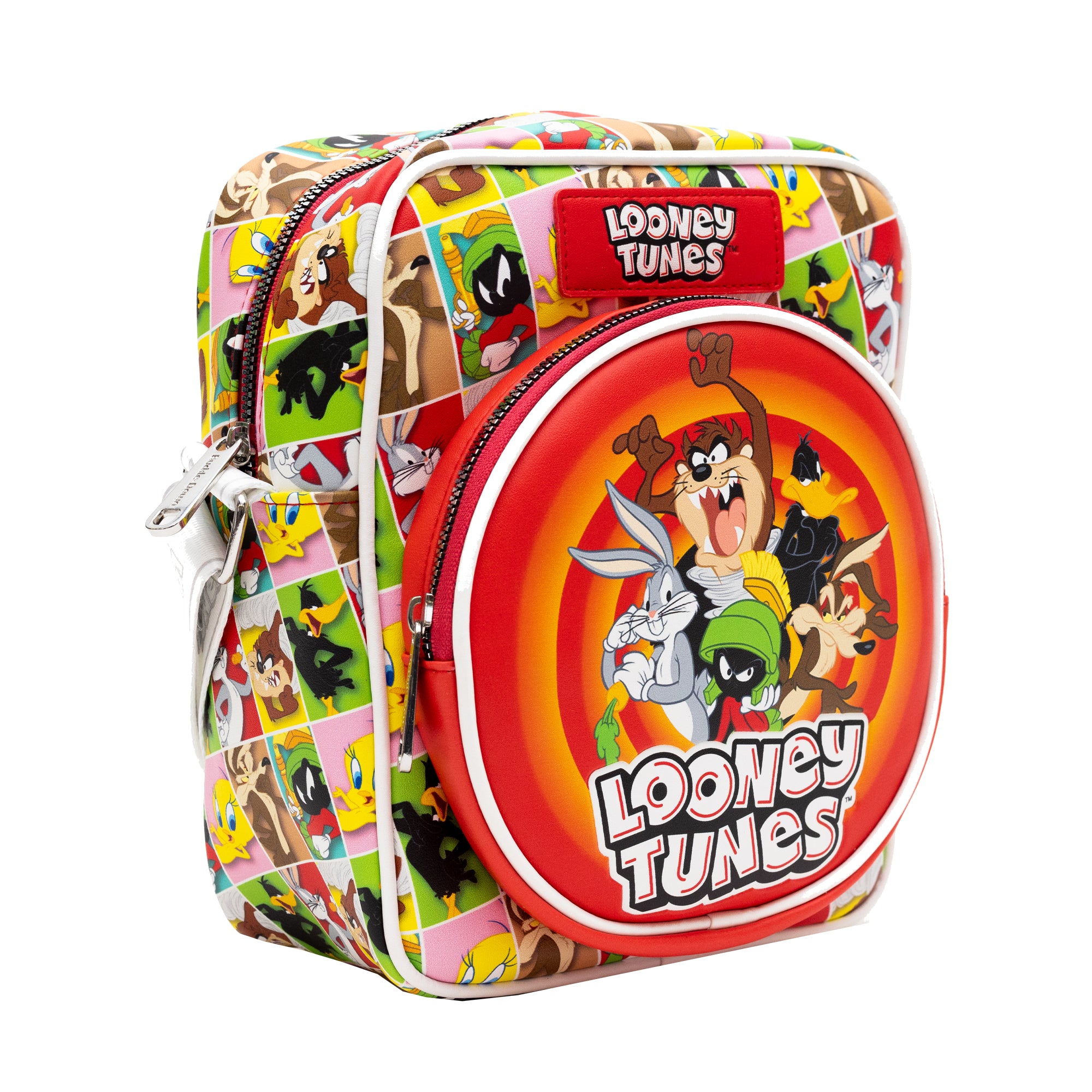 Looney Tunes Vegan Leather Crossbody Bag with Front and Back Zip Pocket, Looney Tunes Bullseye Group Pose and Character Block Poses, 8.5" x 10.0" Crossbody Bags Looney Tunes