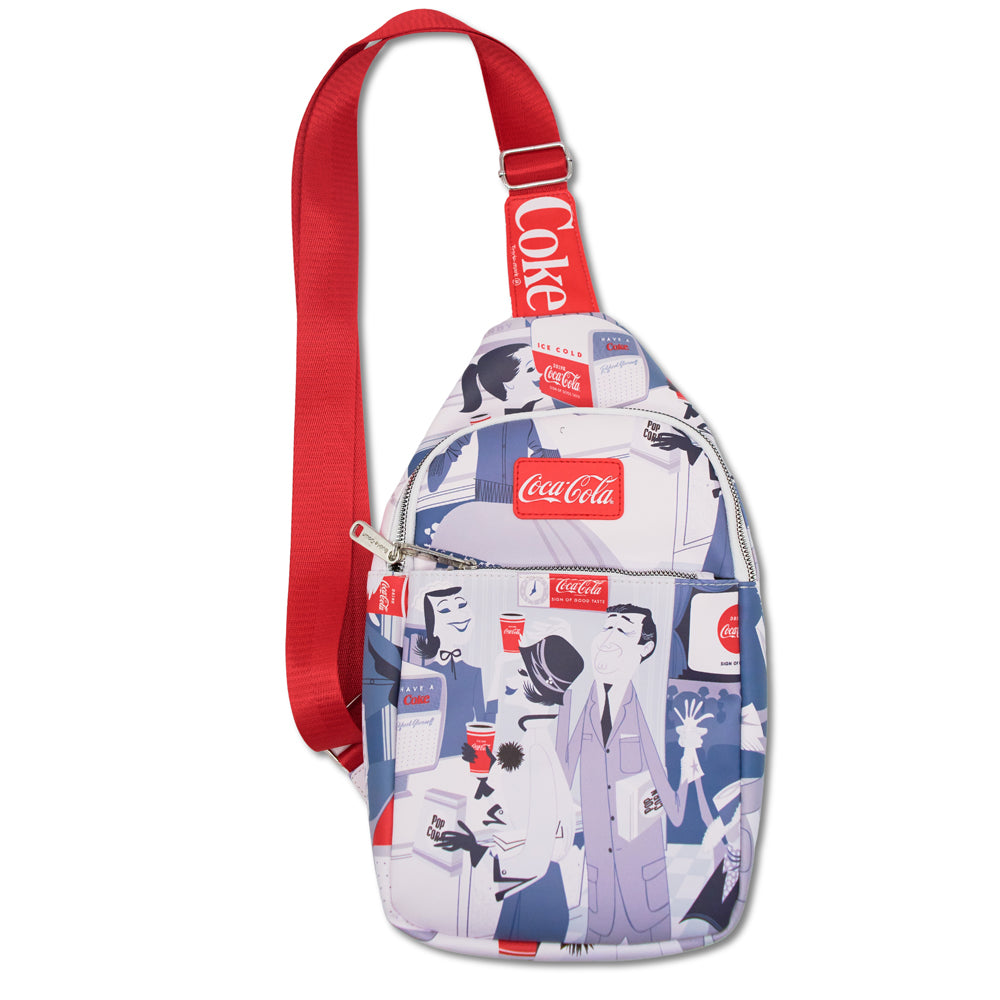Coca-Cola Vegan Leather Crossbody Sling Bag, Coca Cola Vintage Ad Scenes Grays Black White, 7" x 14" Crossbody Bags Coca-Cola