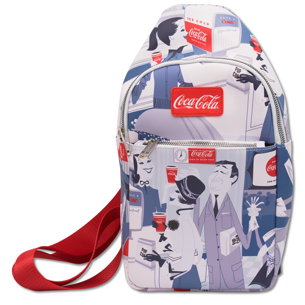 Coca-Cola Vegan Leather Crossbody Sling Bag, Coca Cola Vintage Ad Scenes Grays Black White, 7" x 14"
