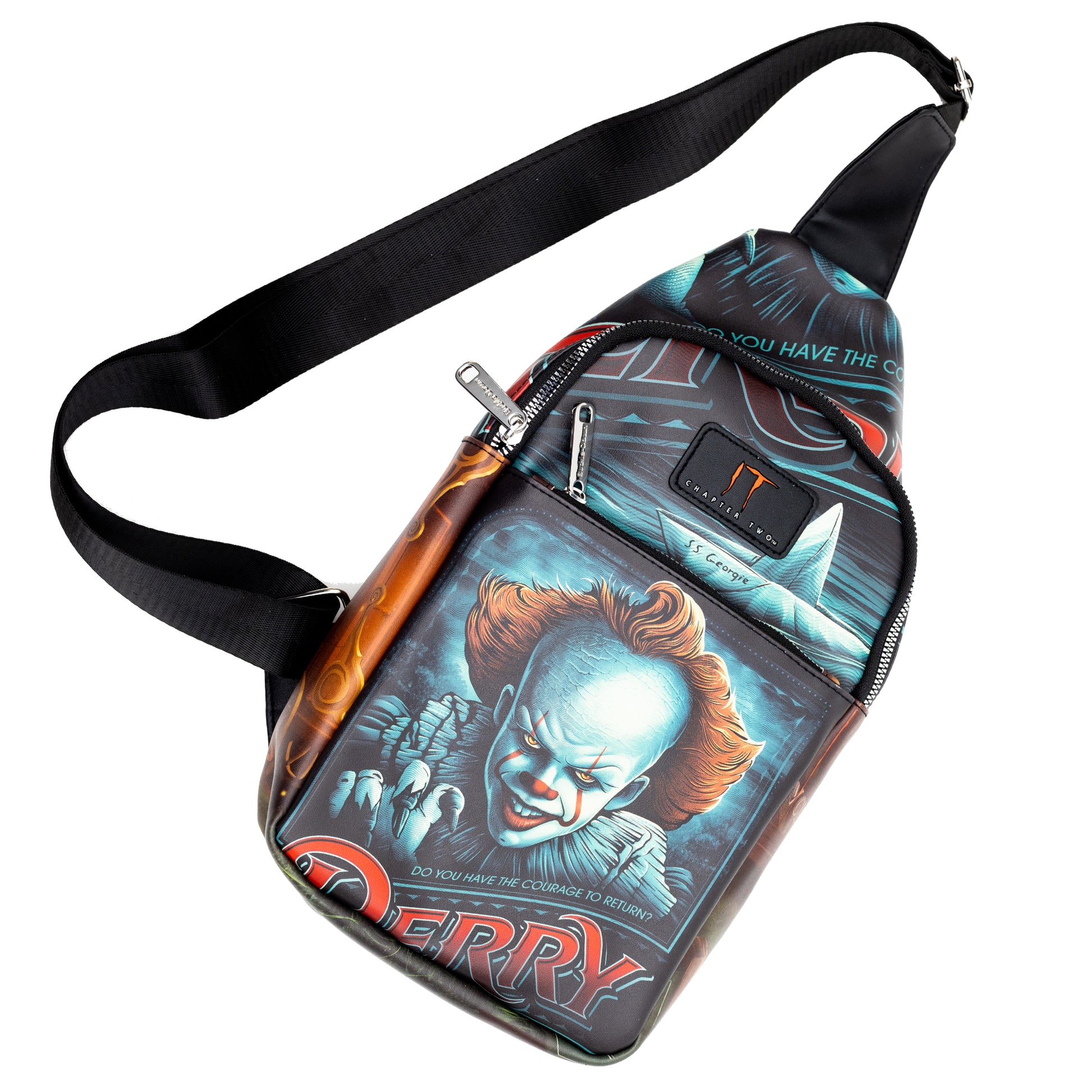 Warner Bros. Horror Movies Vegan Leather Crossbody Sling Bag, It Chapter Two Pennywise Derry Circus Pose, 7" x 14" Crossbody Bags IT