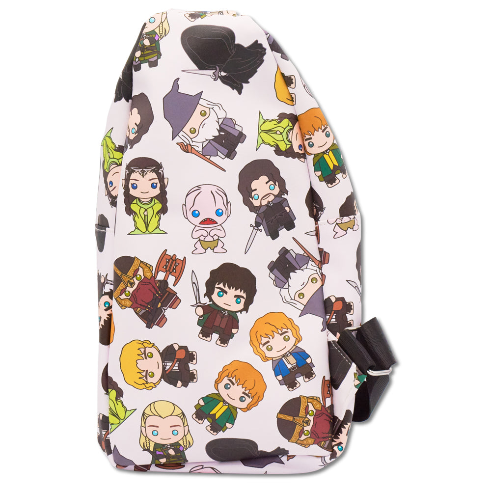 The Lord of the Rings Vegan Leather Crossbody Sling Bag, Chibi Frodo Pose and Characters Collage White, 7" x 14" Crossbody Bags The Lord of the Rings