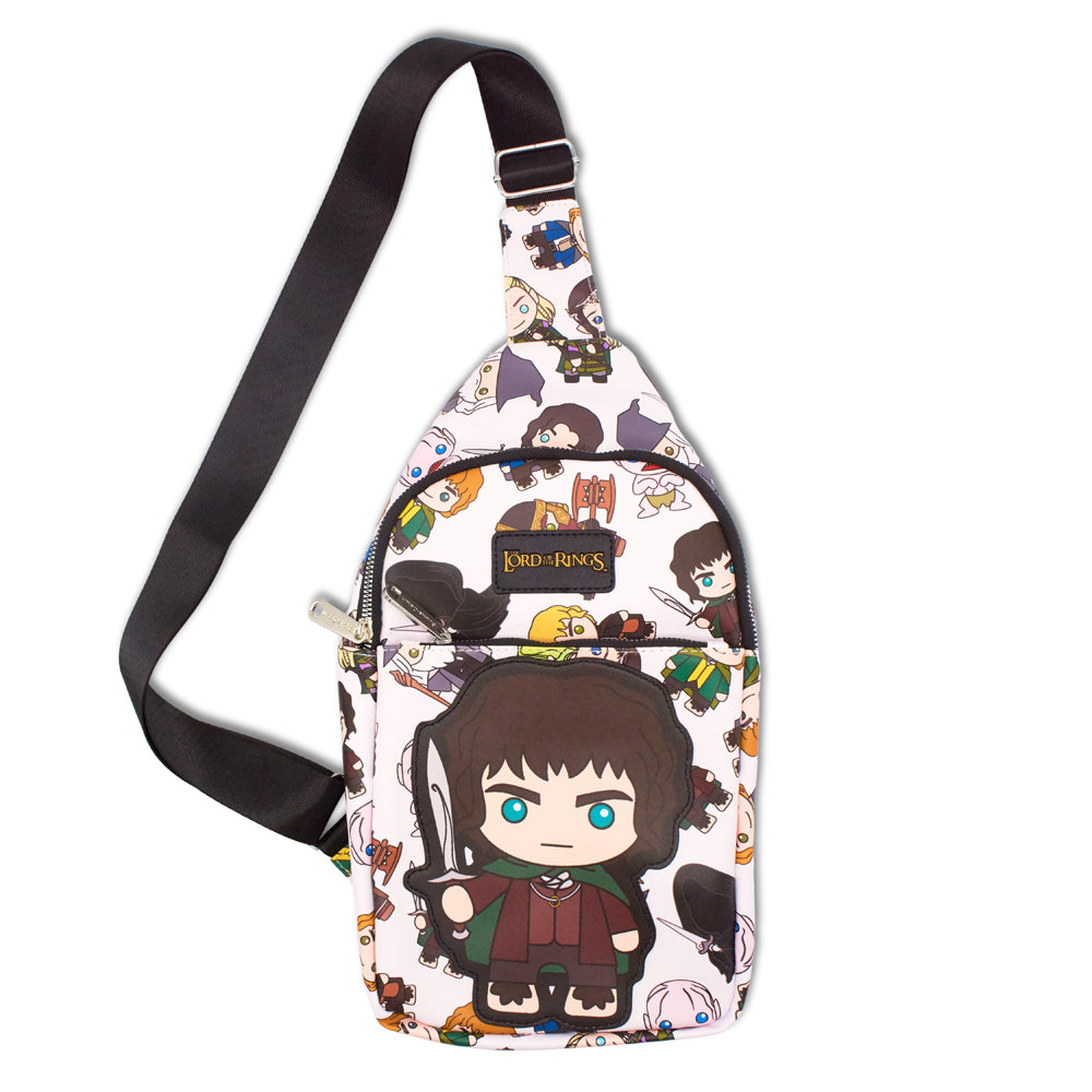 The Lord of the Rings Vegan Leather Crossbody Sling Bag, Chibi Frodo Pose and Characters Collage White, 7" x 14" Crossbody Bags The Lord of the Rings