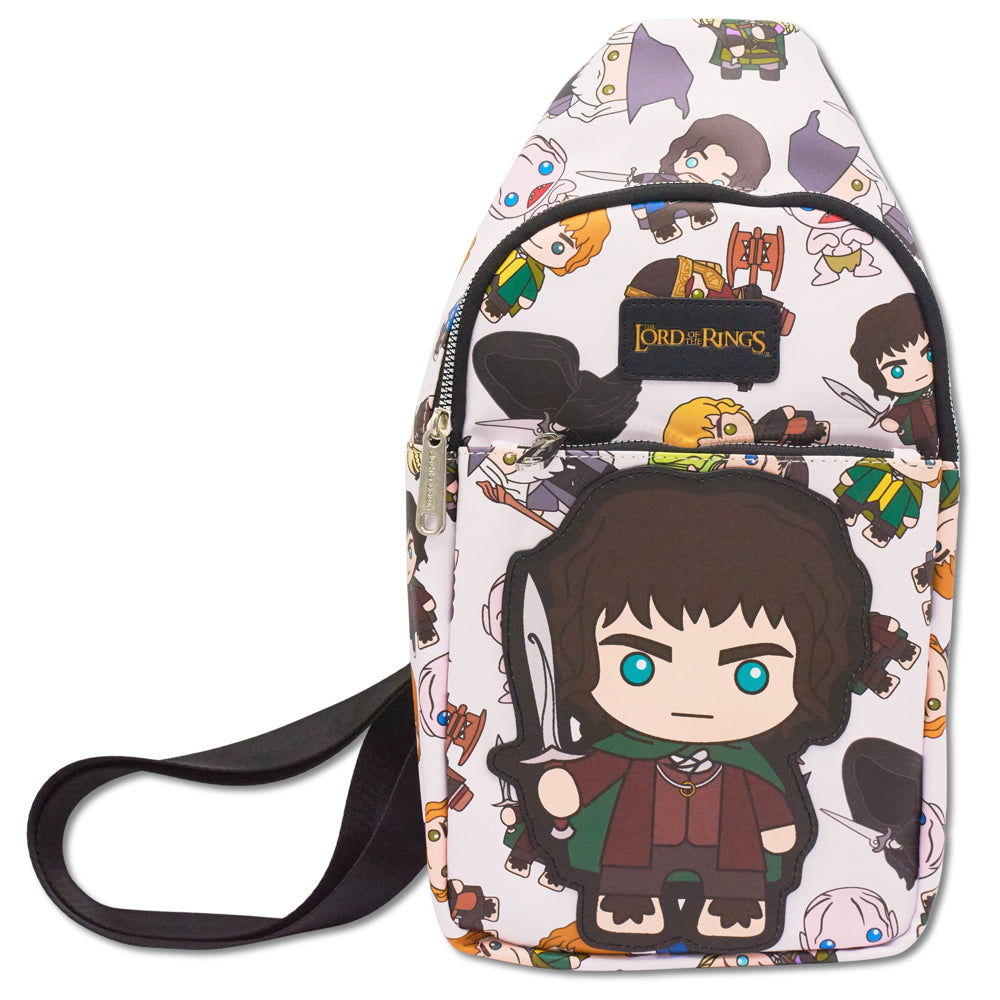 The Lord of the Rings Vegan Leather Crossbody Sling Bag, Chibi Frodo Pose and Characters Collage White, 7" x 14"