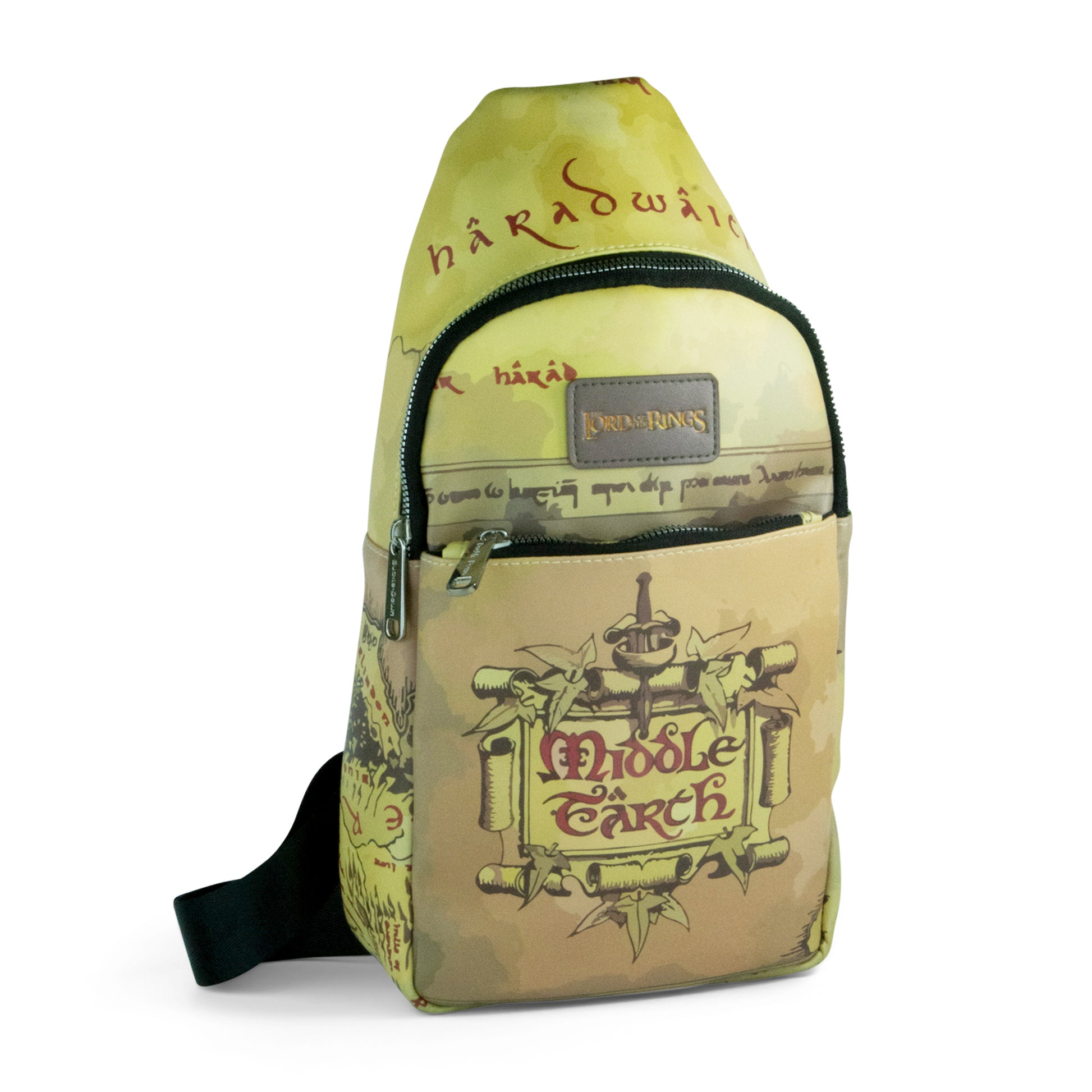 The Lord of the Rings Vegan Leather Crossbody Sling Bag, The Lord of the Rings Middle Earth Text and Map Print Tan, 7" x 14" Crossbody Bags The Lord of the Rings