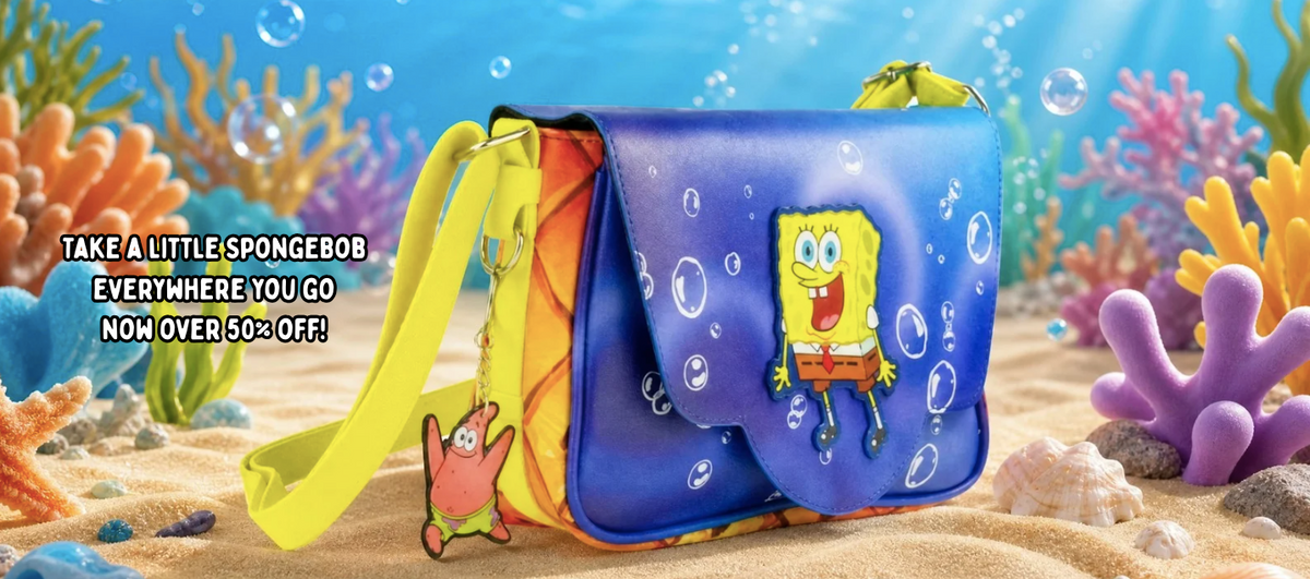 Crossbody bag inspired by SpongeBob Sqaurepants from the brand 'buckle-down' underwater on sand with bubbles seaweed and coral with the text "take a little spongebob everywhere you go now over 50% off!" 
