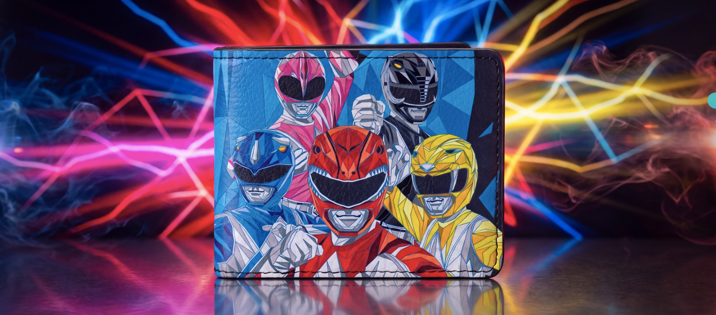 colorful lightening background pink yellow blue red in theme of the featured bi-fold wallet inspired by the power rangers from the brand 'buckle-down'