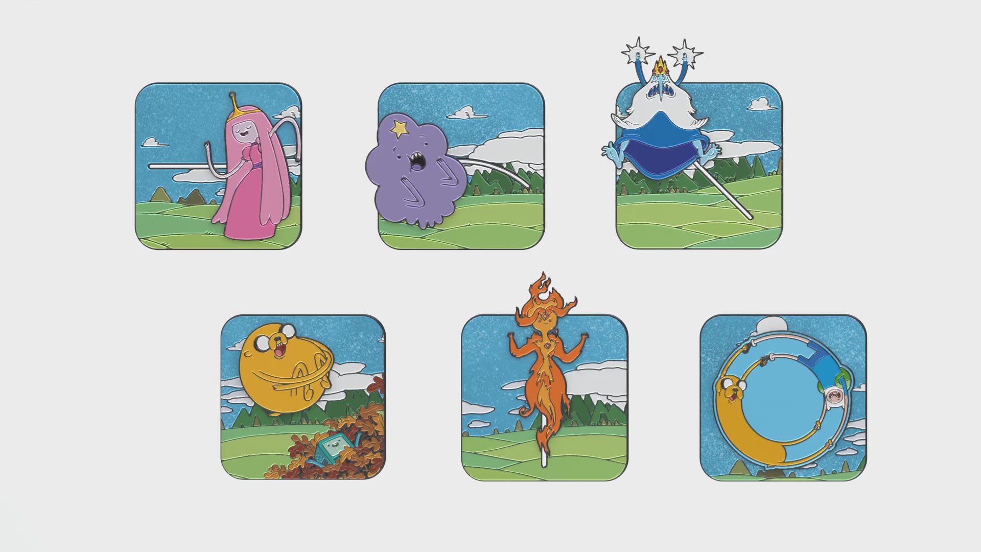 Load video: Adventure Time Interactive Mystery Enamel Pin Blind Box Series, Flame Princess, Ice King, Jake and BMO, Jake and Finn, Lumpy Space Princess, or Princess Bubblegum Blind Box Pins Adventure Time