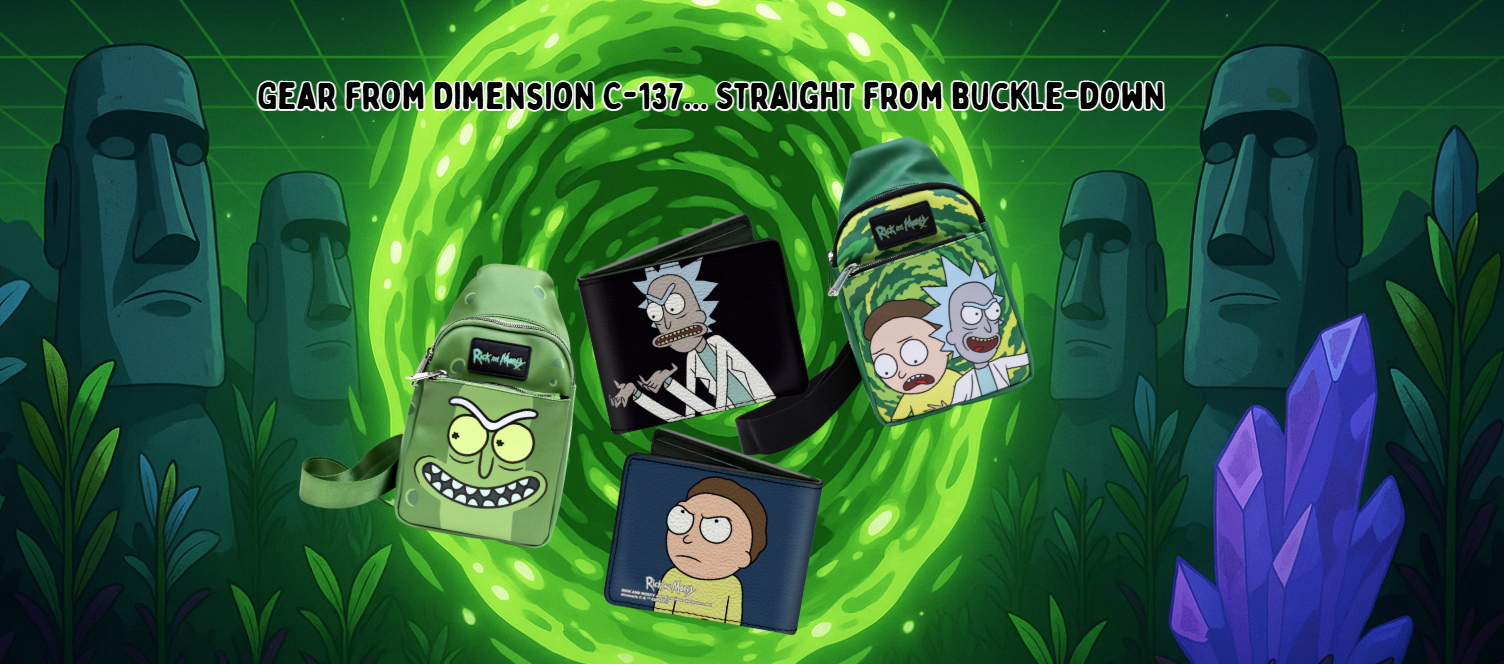 green portal background inspired by the show rick and morty featuring wallets and crossbody bags from the brand buckle down