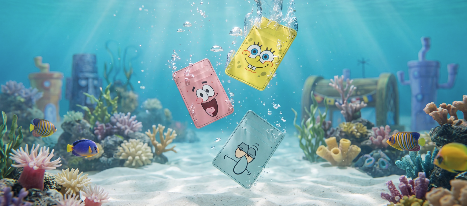 spongebob id wallets featuring spongebob, patrick and squidward from the brand 'buckle-down' underwater with coral sand and fish inspired by spongebob squarepants