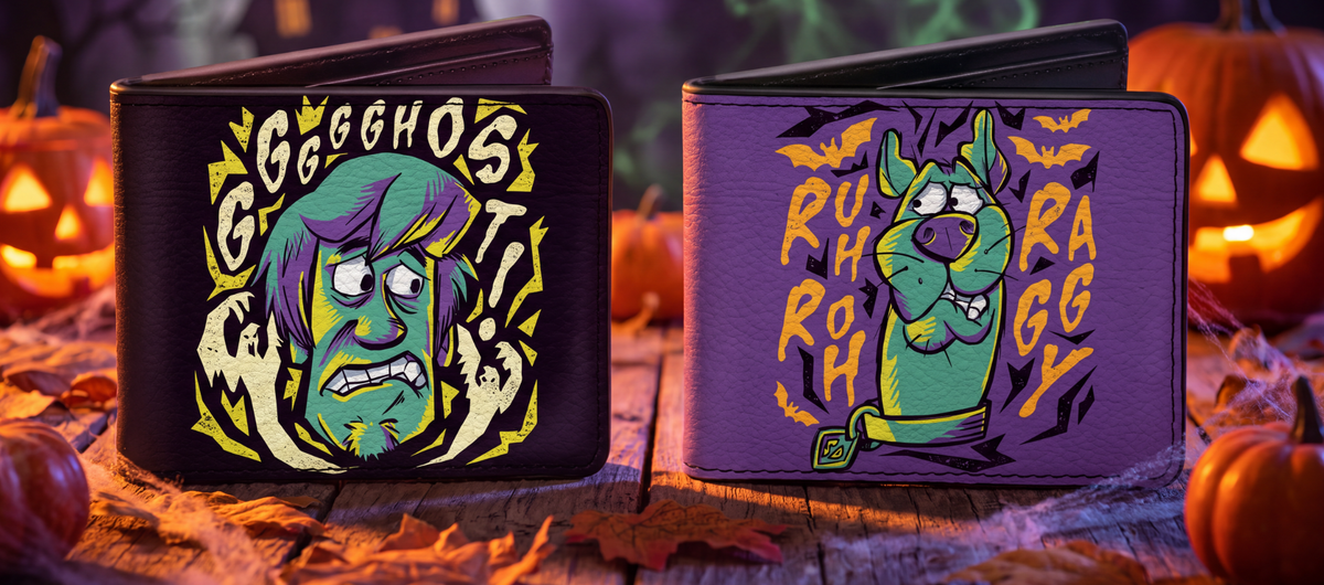 two bi fold wallets from the brand 'buckle-down' inspired by Scooby-Doo with pumpkins and leaves for Halloween. Shaggy on the left with the text "ggggghost!!" scooby on the right with the text "ruh roh raggy"