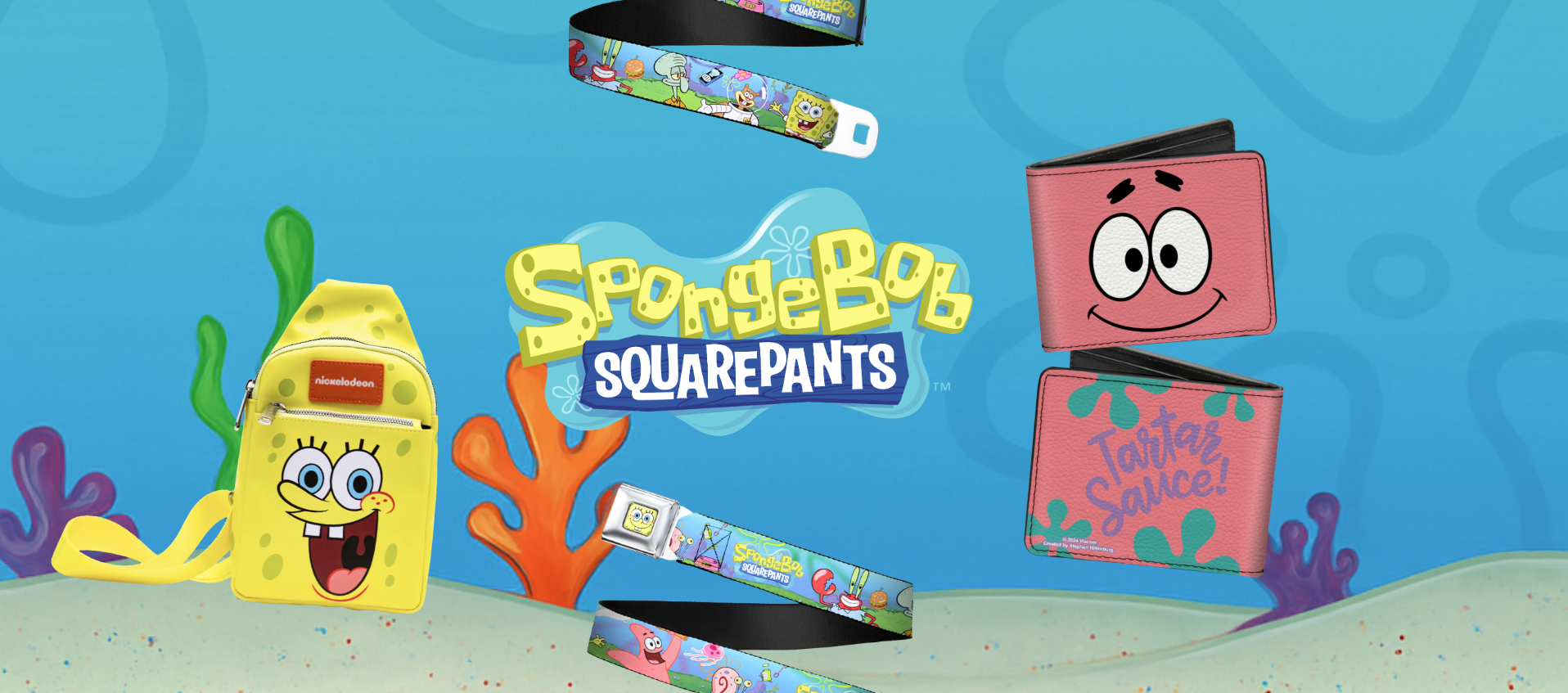 spongebob inspired collection products from the brand 'buckle-down' featuring seatbelt belts, crossbody bags and bi fold wallets on an under the sea background
