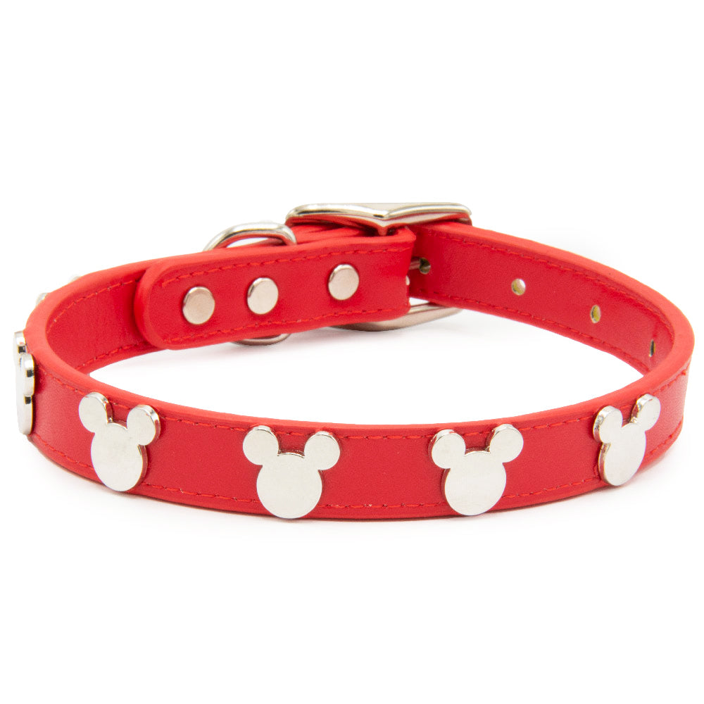 Vegan Leather Dog Collar - Disney Red PU w Silver Cast Mickey Mouse Head Icon Embellishments and Charm Imported PU Collars Disney   