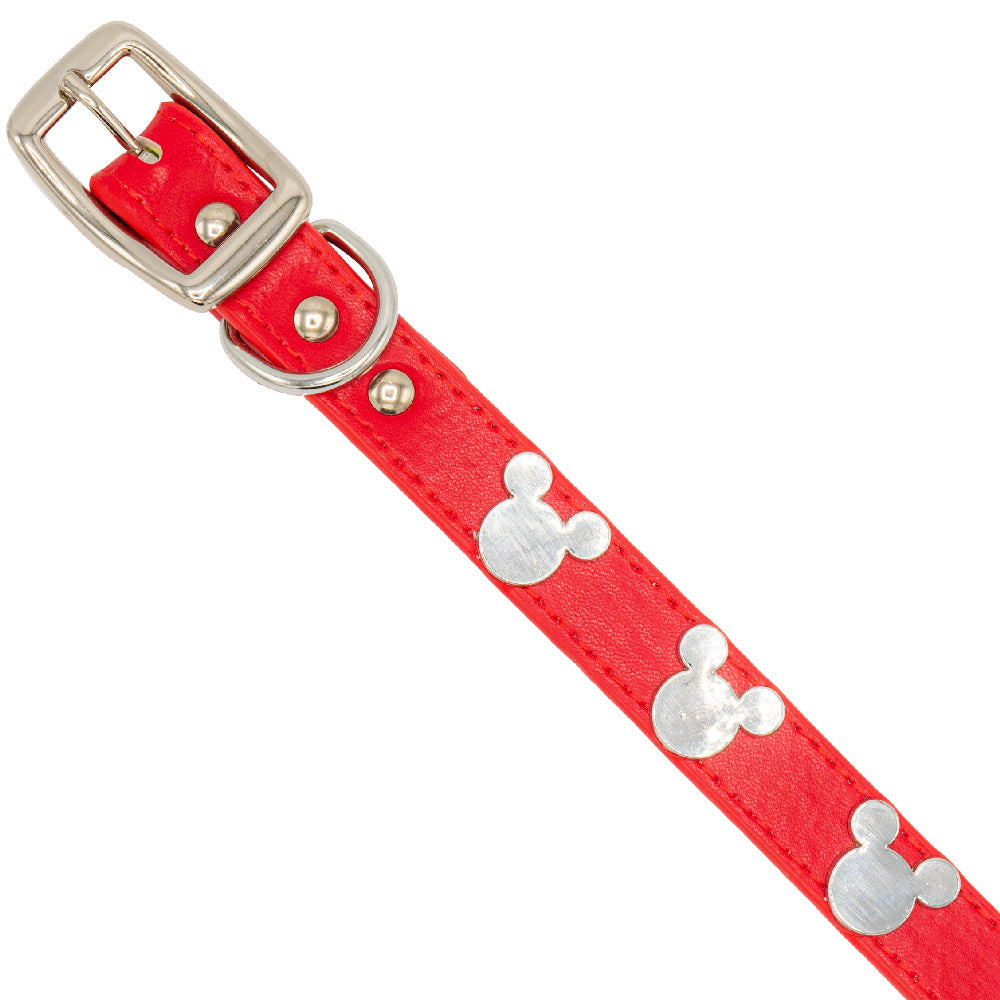 Vegan Leather Dog Collar - Disney Red PU w Silver Cast Mickey Mouse Head Icon Embellishments and Charm Imported PU Collars Disney   