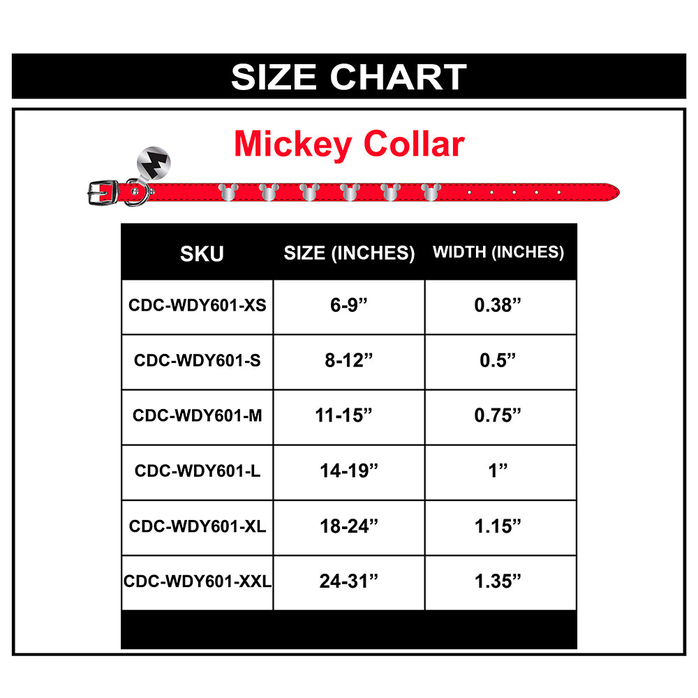 Vegan Leather Dog Collar - Disney Red PU w Silver Cast Mickey Mouse Head Icon Embellishments and Charm Imported PU Collars Disney   