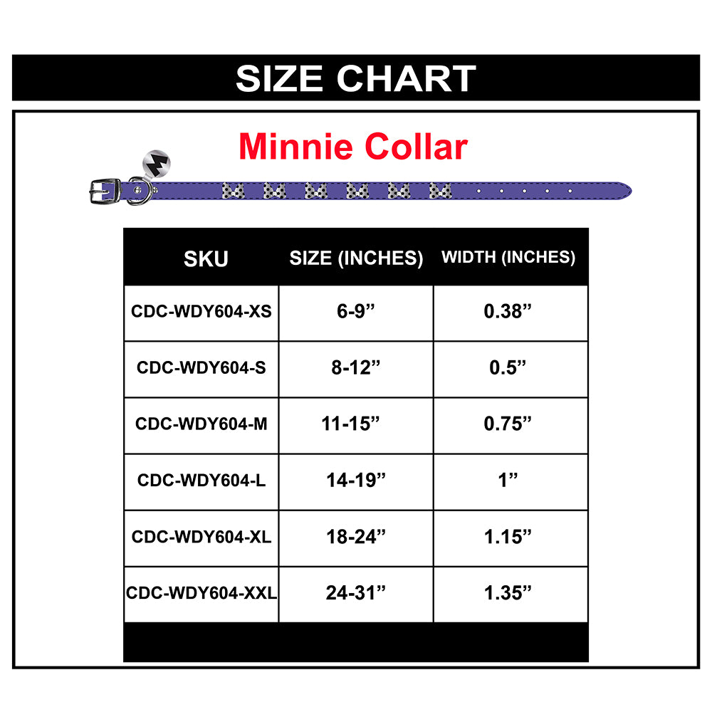 Vegan Leather Dog Collar - Disney Purple PU w Silver Cast Minnie Mouse Bow Embellishments and Charm Imported PU Collars Disney   