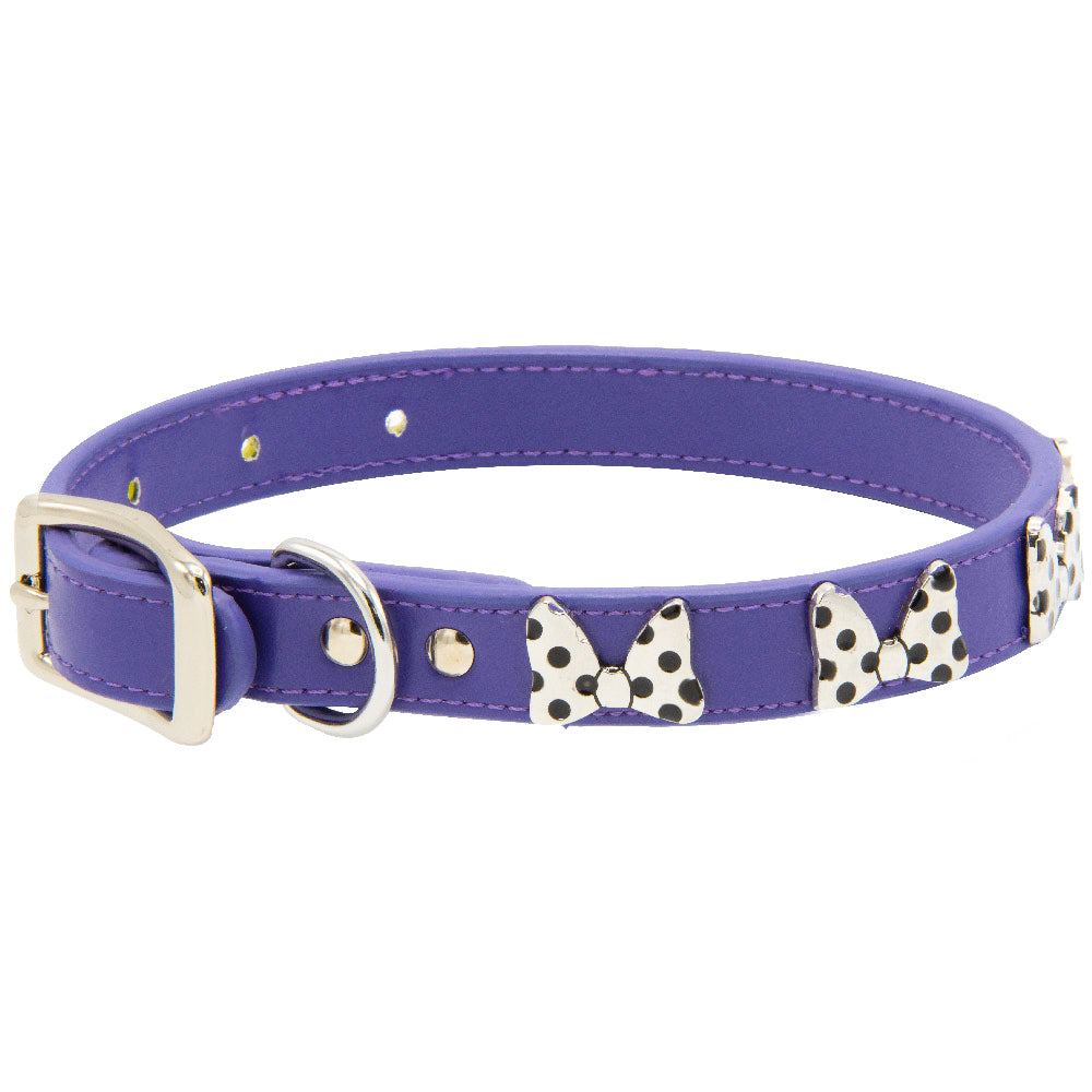 Vegan Leather Dog Collar - Disney Purple PU w Silver Cast Minnie Mouse Bow Embellishments and Charm Imported PU Collars Disney   