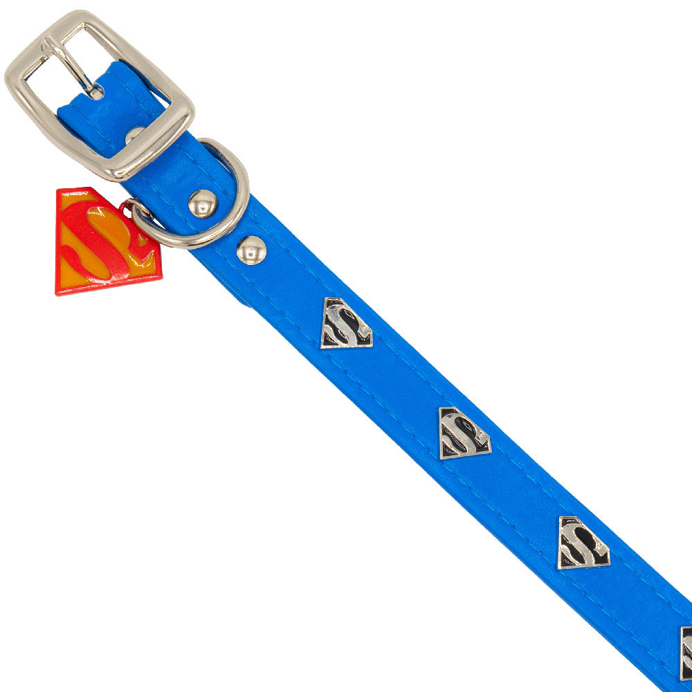 Vegan Leather Dog Collar - Superman Blue with Shield Embellishments & Metal Charm Imported PU Collars DC Comics   