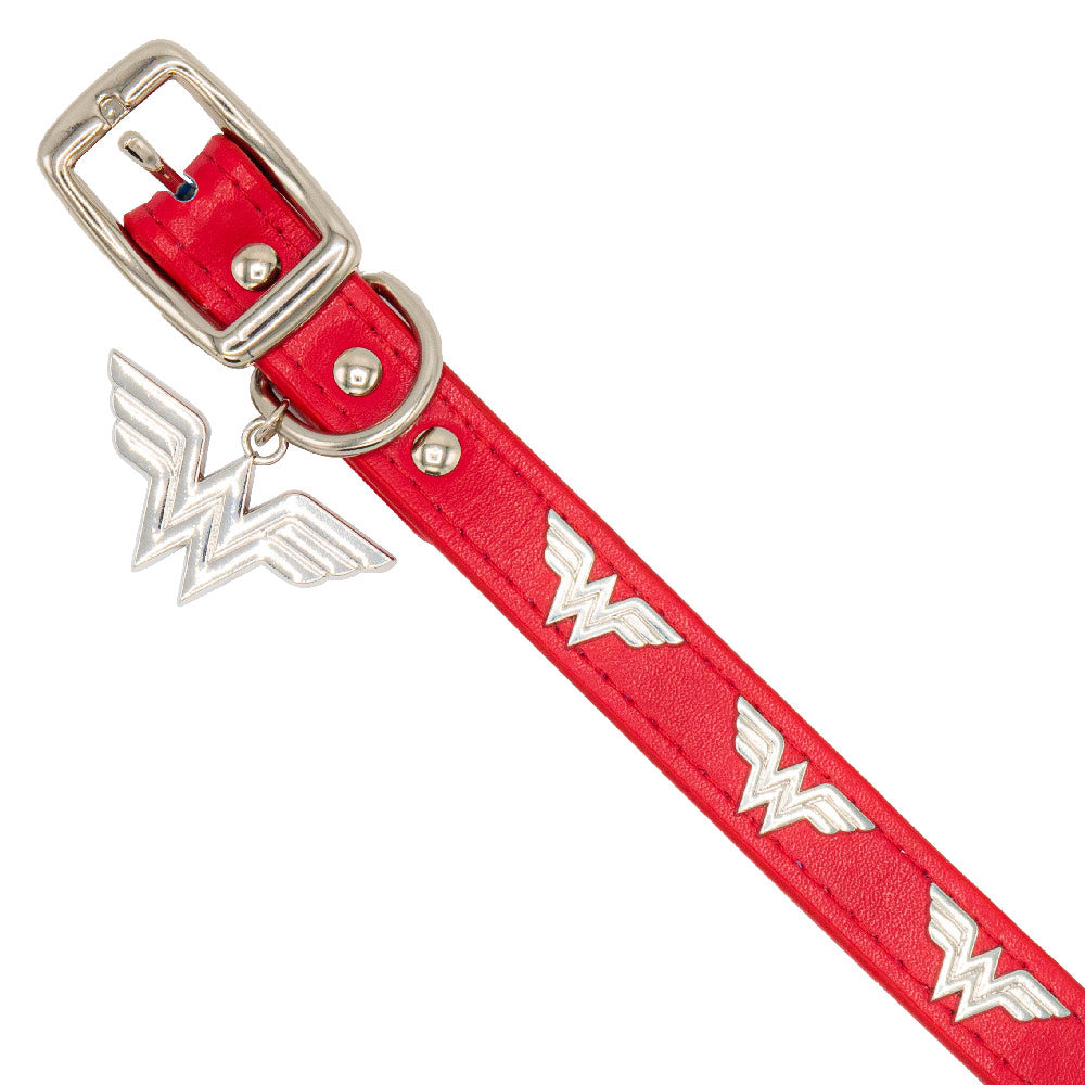 Vegan Leather Dog Collar - Wonder Woman Red with WW Icon Embellishments & Metal Charm Imported PU Collars DC Comics   