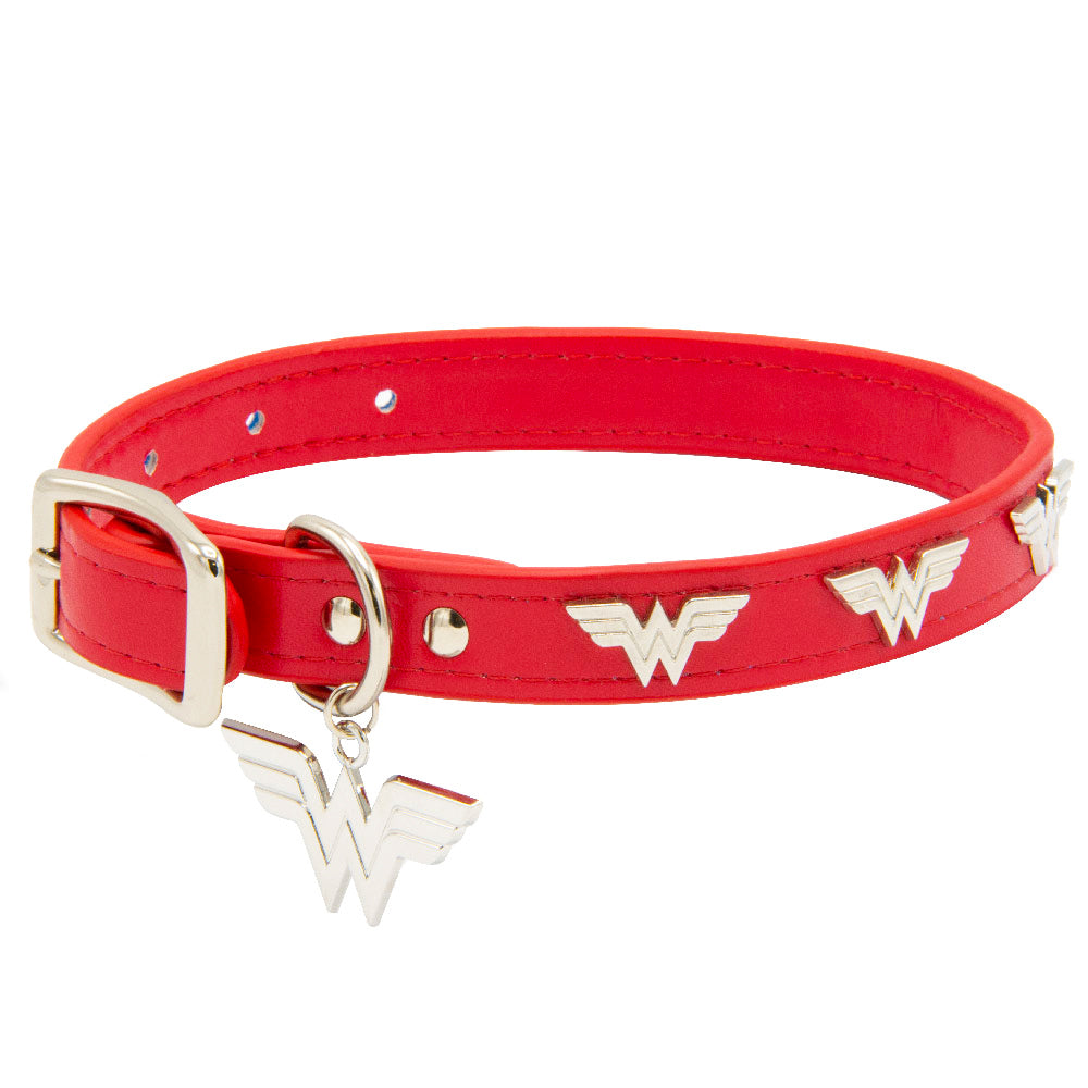 Vegan Leather Dog Collar - Wonder Woman Red with WW Icon Embellishments & Metal Charm Imported PU Collars DC Comics   