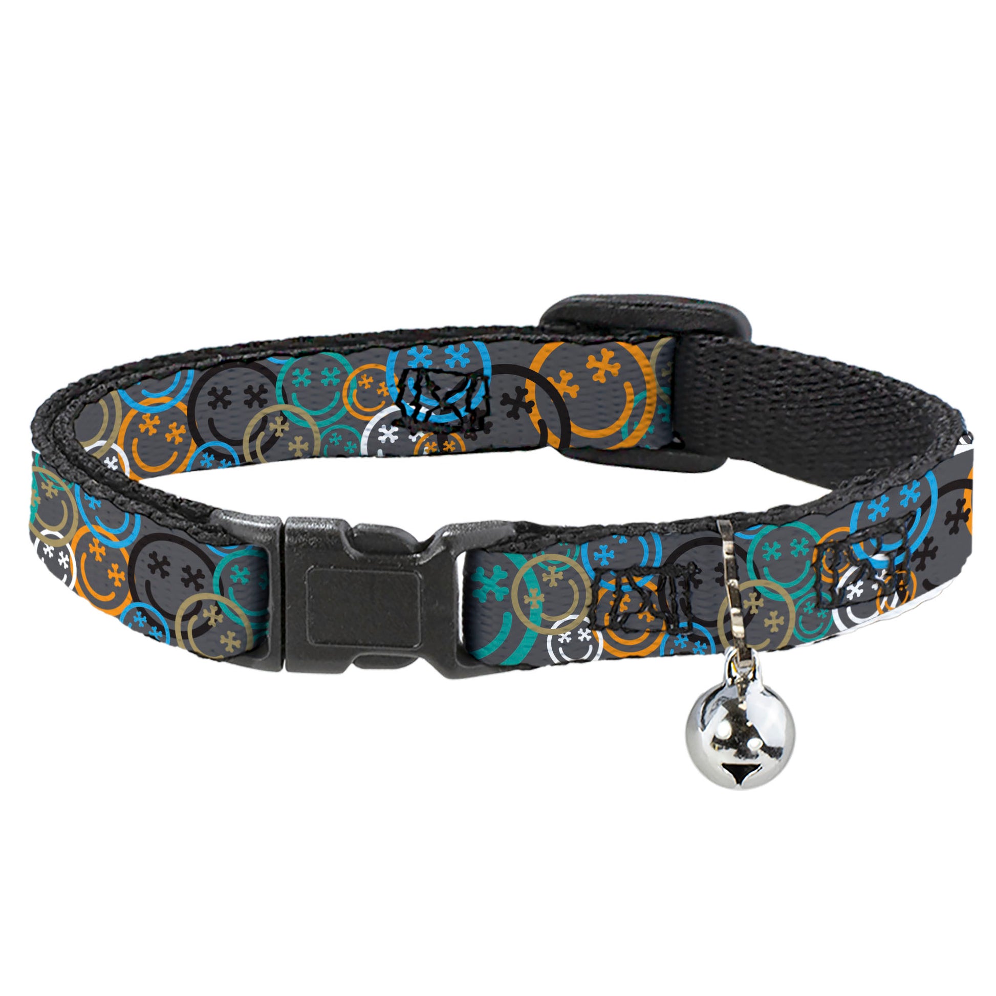 Breakaway Cat Collar with Bell - Smiley Face Crossbones Stacked Gray/Multi Color Breakaway Cat Collars Buckle-Down   