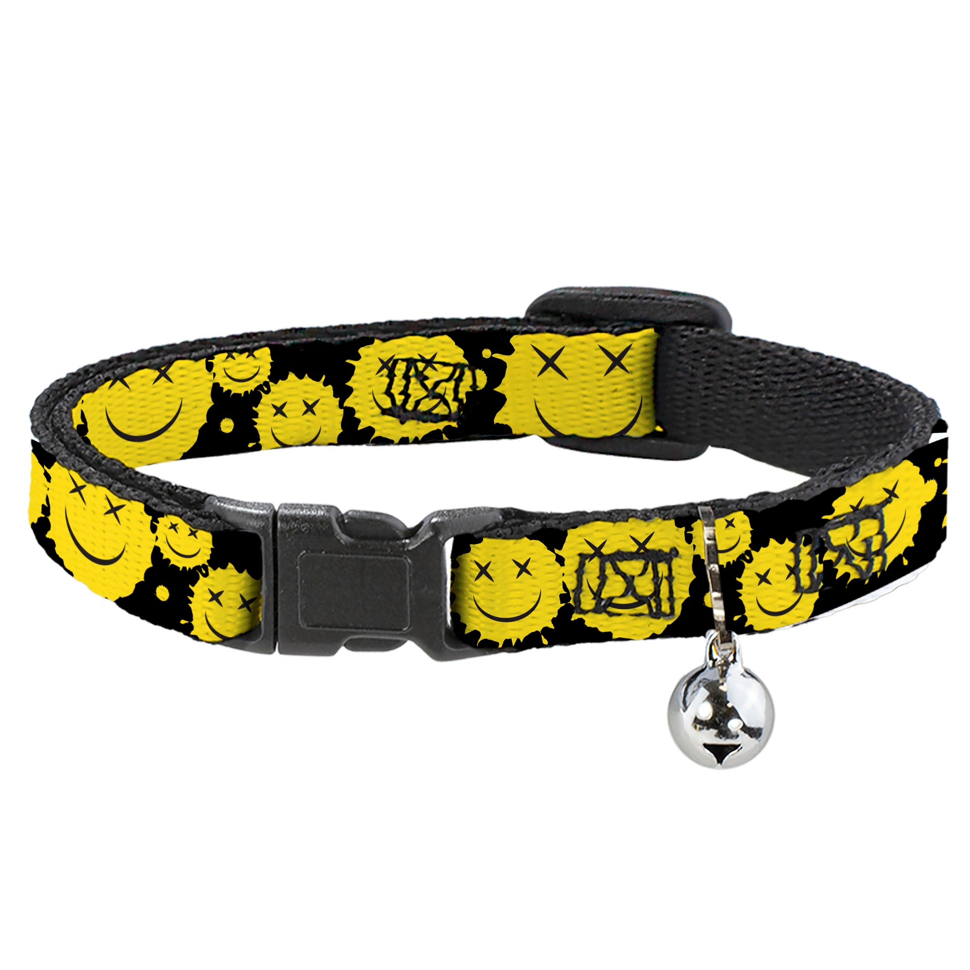 Breakaway Cat Collar with Bell - Smiley Face Splatter Scattered Black/Yellow Breakaway Cat Collars Buckle-Down   