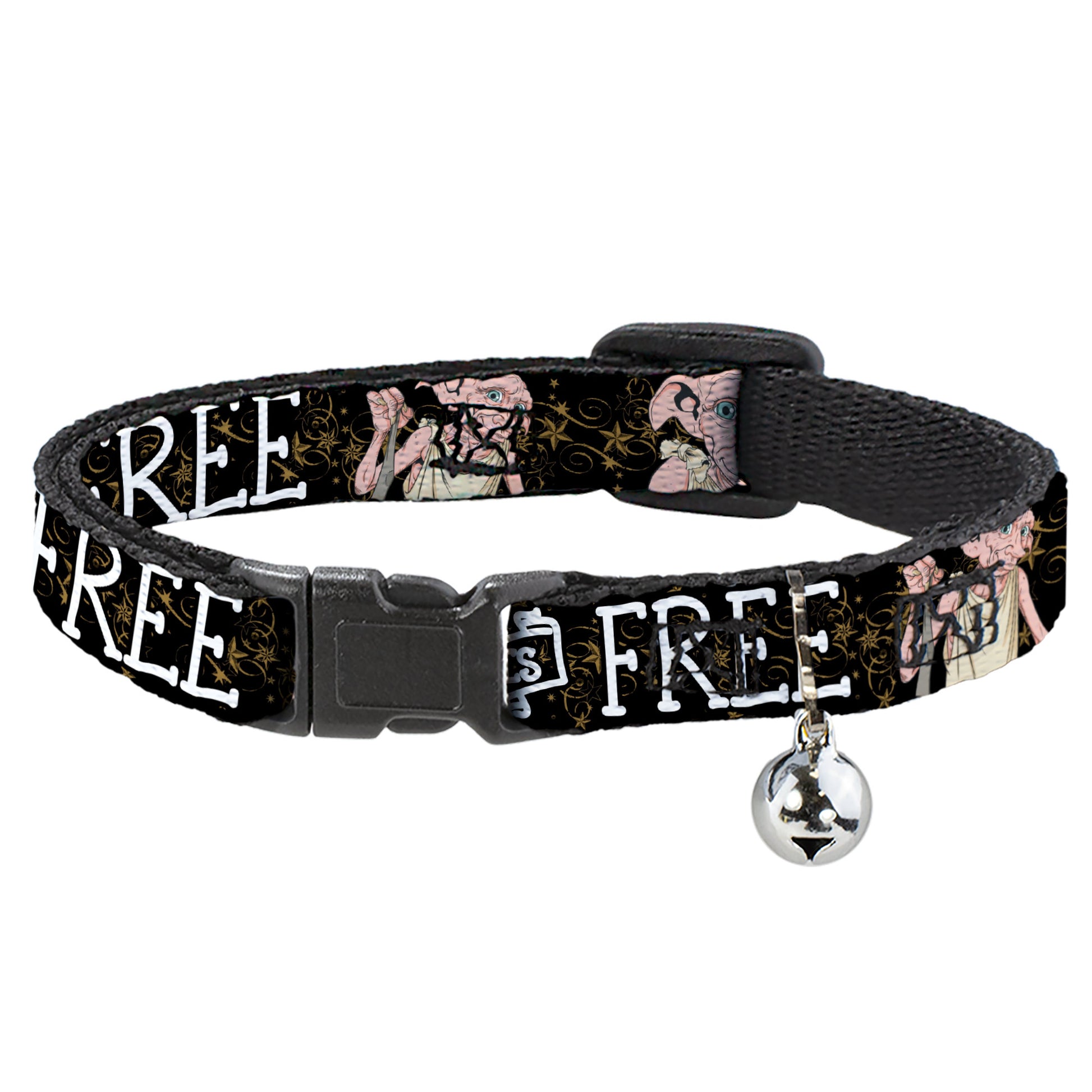 Breakaway Cat Collar with Bell - DOBBY IS FREE/3-Dobby Poses Star Swirls Black/Gold/White Breakaway Cat Collars Harry Potter