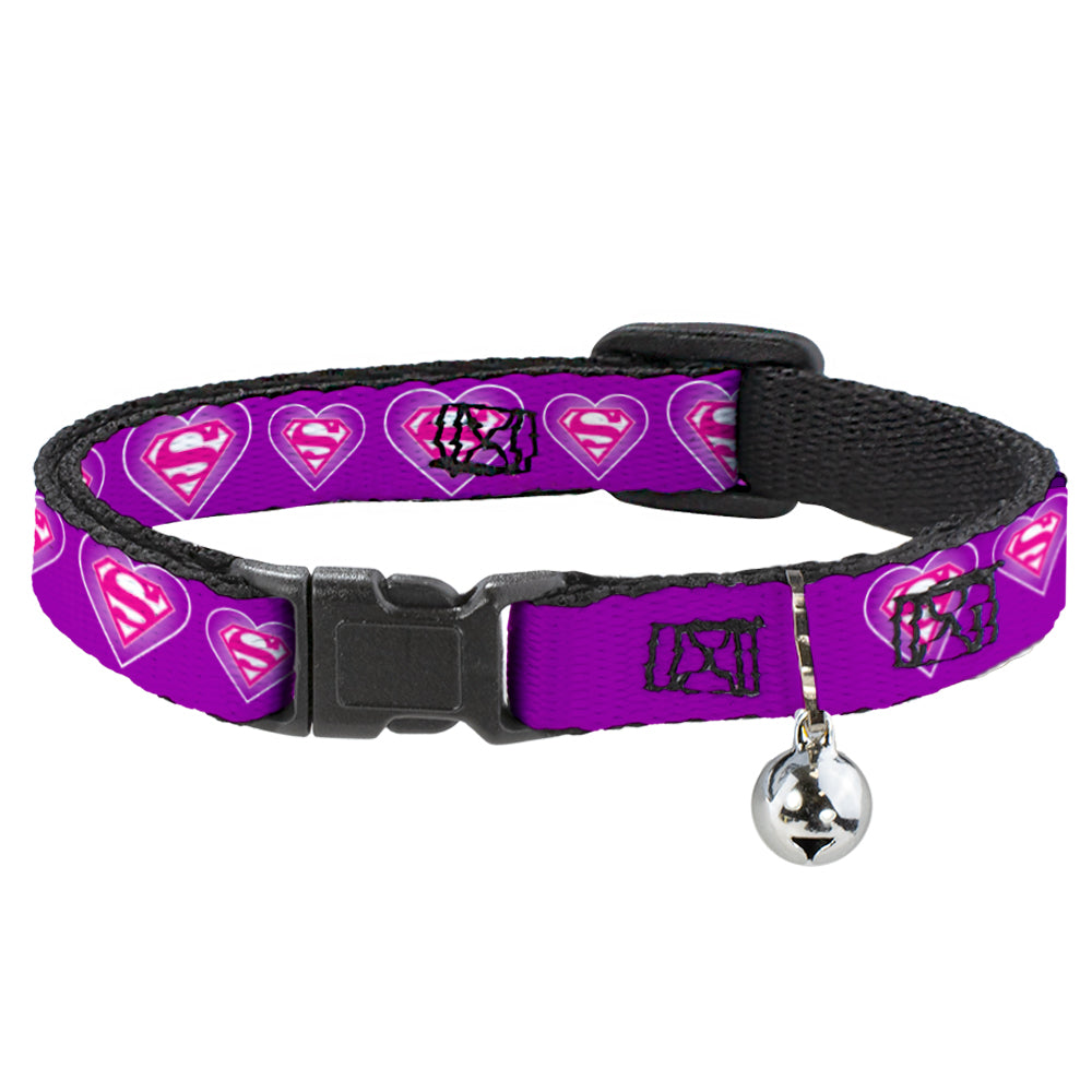 Breakaway Cat Collar with Bell - Superman Logo in Heart Purple/White/Pink Breakaway Cat Collars DC Comics   
