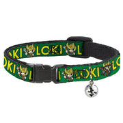 Breakaway Cat Collar with Bell - Kawaii LOKI Standing Pose/Text Green/Yellow Breakaway Cat Collars Marvel Comics   