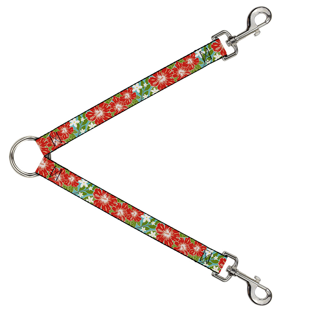 Dog Leash Splitter - Hibiscus & Plumerias Turquoise/Green/Red/White Dog Leash Splitters Buckle-Down   