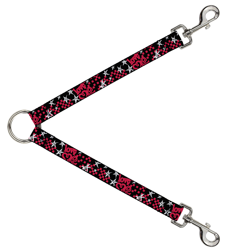 Dog Leash Splitter - Love Me w/Sketch Stars & Checkers Black/Fuchsia/White Dog Leash Splitters Buckle-Down   