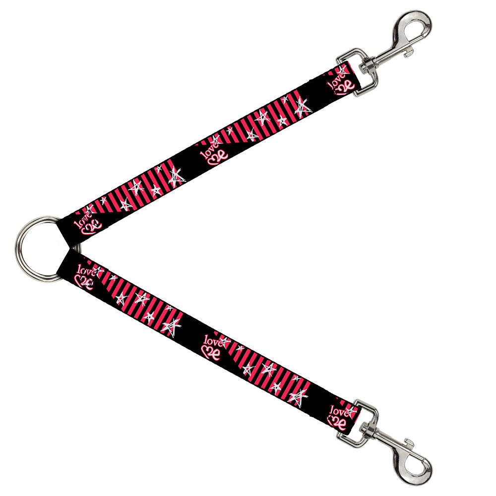 Dog Leash Splitter - Love Me w/Sketch Stars & Stripes Black/Fuchsia/White Dog Leash Splitters Buckle-Down   