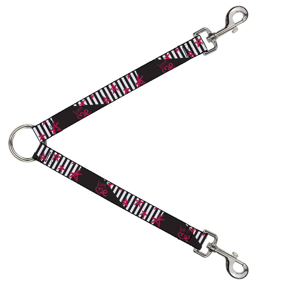Dog Leash Splitter - Love Me w Sketch Stars & Stripes Black White Fuchsia Dog Leash Splitters Buckle-Down   