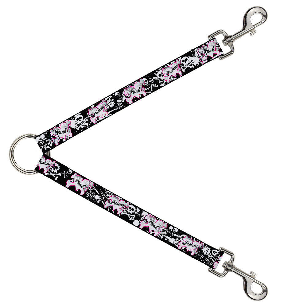 Dog Leash Splitter - Punk Princess Heart & Cross Bones w/Skulls & Splatter Black/White Dog Leash Splitters Buckle-Down   