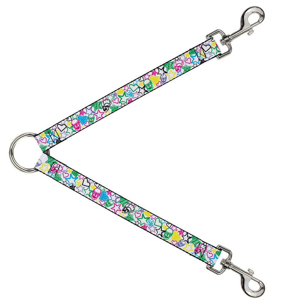 Dog Leash Splitter - Sketch Skull/Star/Heart White/Multi Color Dog Leash Splitters Buckle-Down   