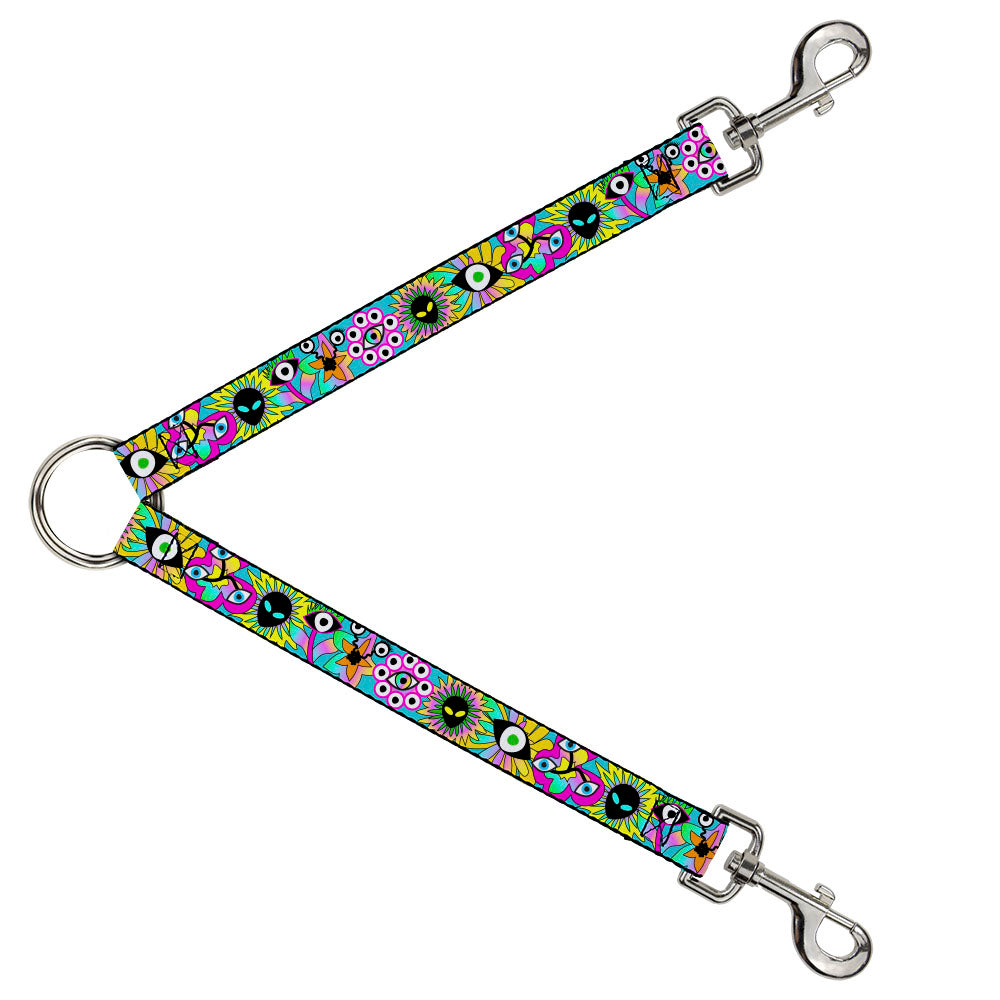 Dog Leash Splitter - Funky Alien Flowers Aqua Blue/Multi Color Dog Leash Splitters Buckle-Down   