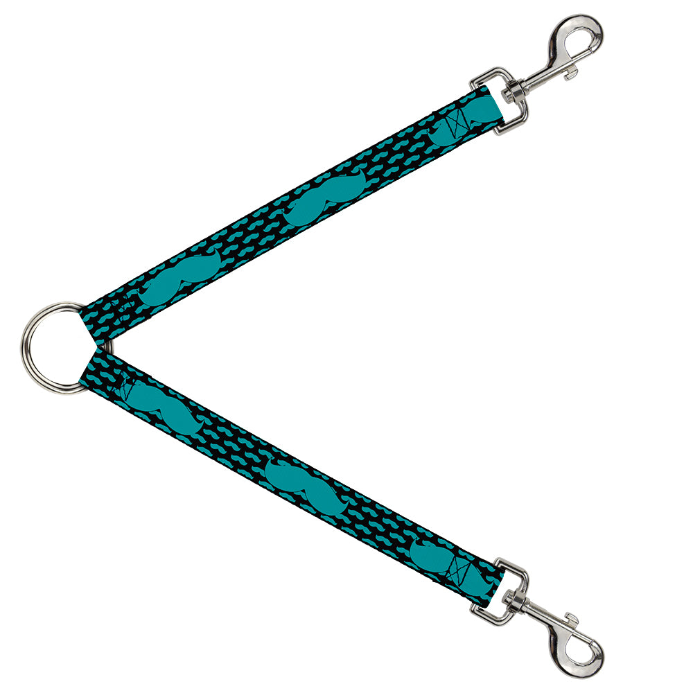 Dog Leash Splitter - Mustaches Mini/Single Repeat Black/Turquoise Dog Leash Splitters Buckle-Down   