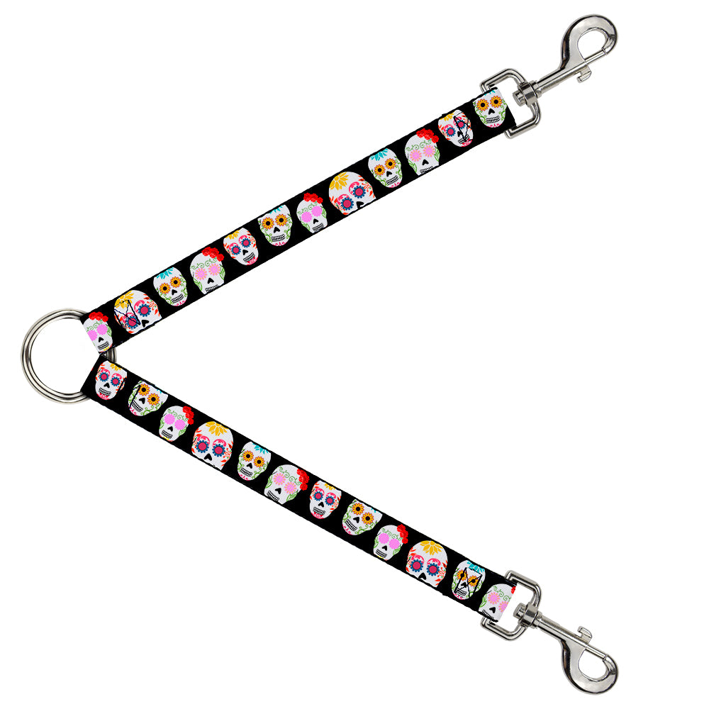 Dog Leash Splitter - Staggered Sugar Skulls Black/Multi Color Dog Leash Splitters Buckle-Down   