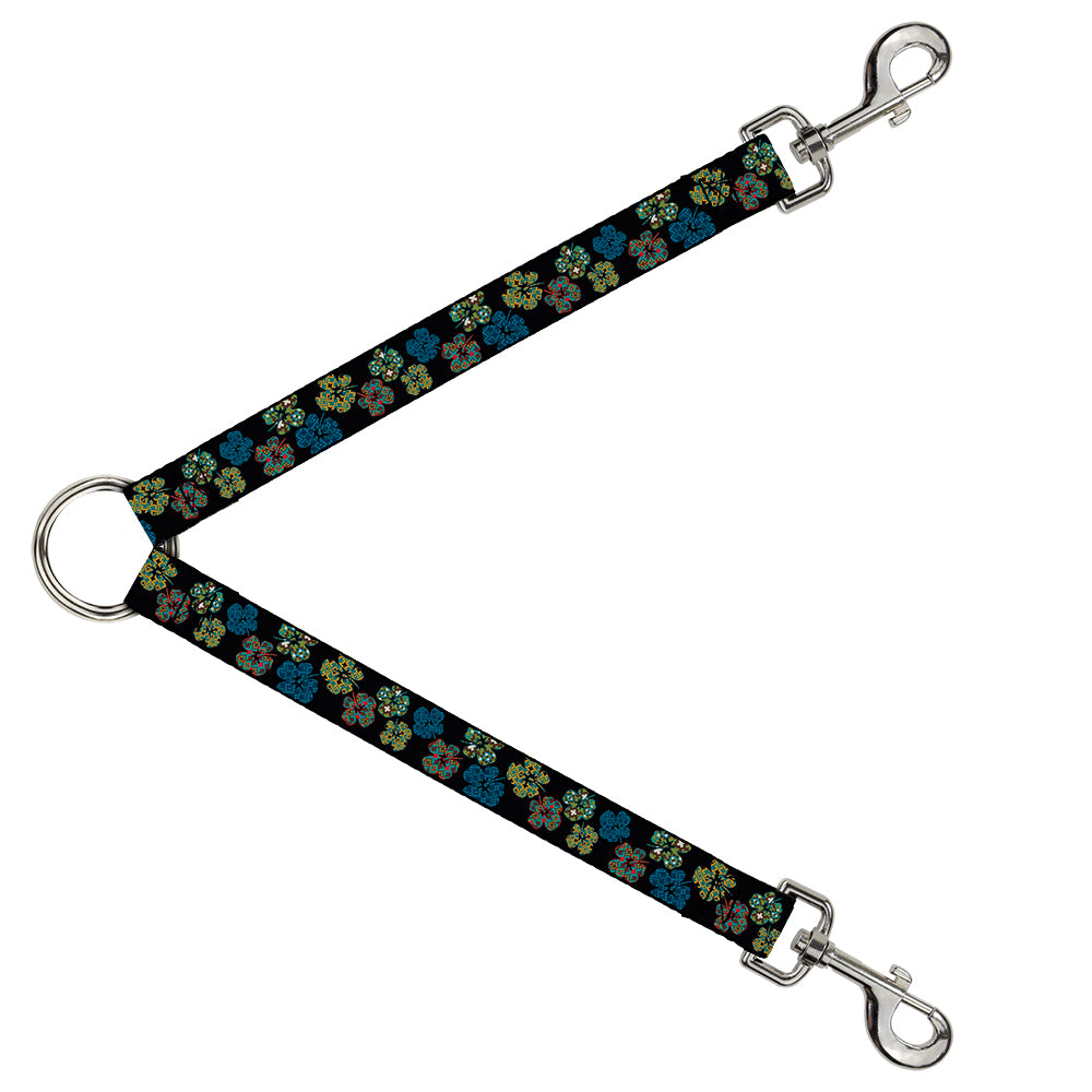 Dog Leash Splitter - Pixilated Hibiscus Flowers Black/Multi Color Dog Leash Splitters Buckle-Down   