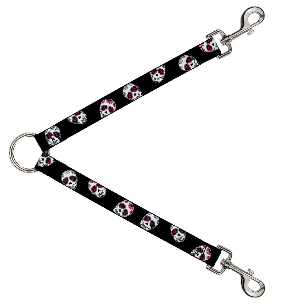 Dog Leash Splitter - Staggered Sugar Skulls Black/White/Pink Dog Leash Splitters Buckle-Down   