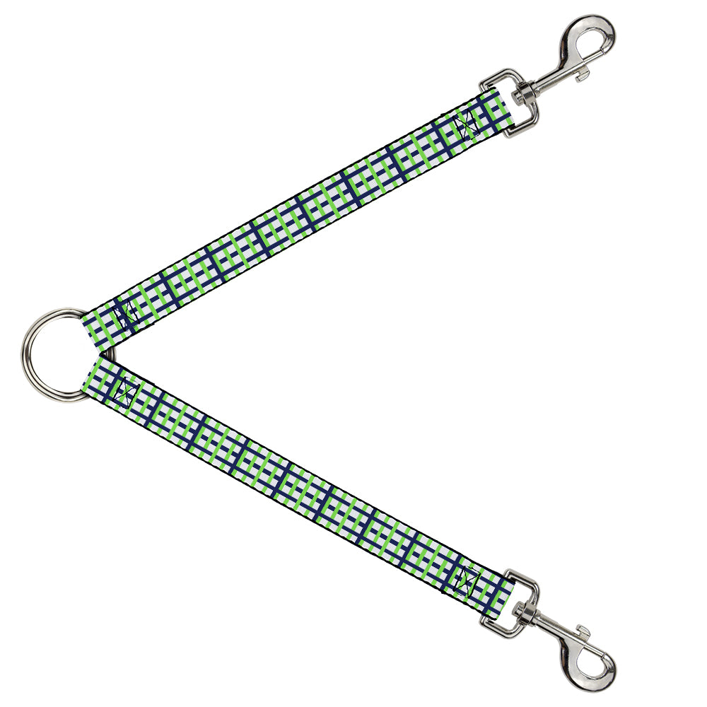 Dog Leash Splitter - Basketweave Plaid White/Navy/Bright Green Dog Leash Splitters Buckle-Down   