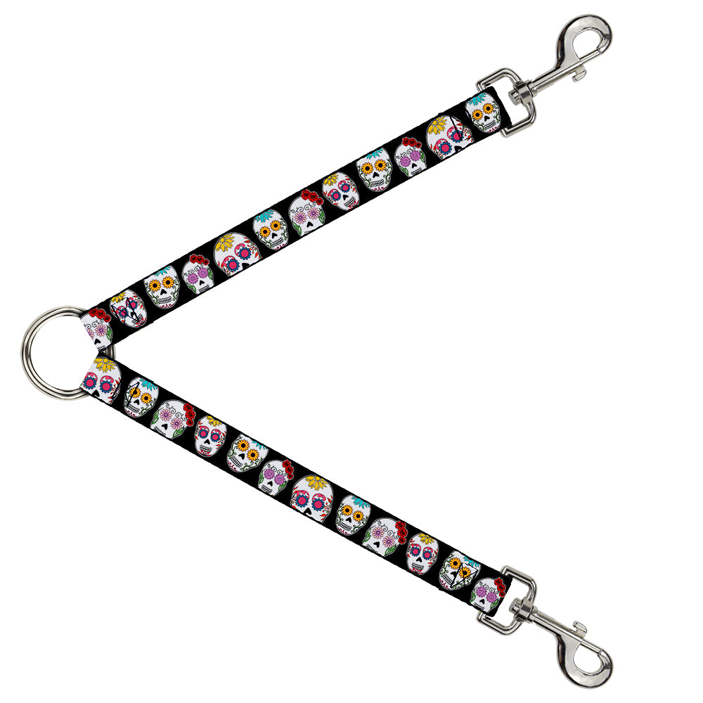 Dog Leash Splitter - Staggered Sugar Skulls CLOSE-UP Black/Multi Color Dog Leash Splitters Buckle-Down   