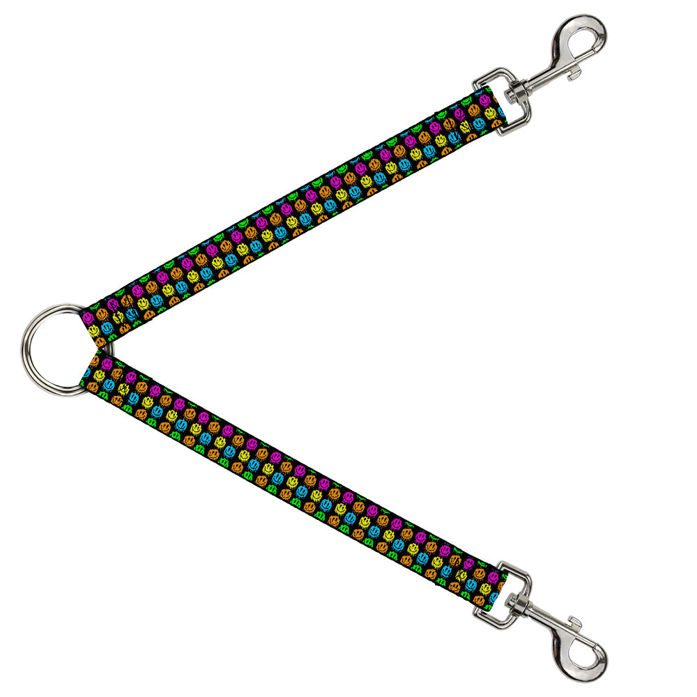 Dog Leash Splitter - Smiley Faces Melted Mini Repeat Black Multi Neon Dog Leash Splitters Buckle-Down   