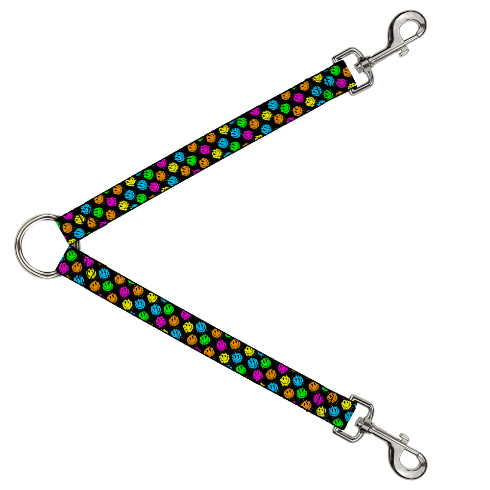 Dog Leash Splitter - Smiley Faces Melted Mini Repeat Angle Black Multi Neon Dog Leash Splitters Buckle-Down   