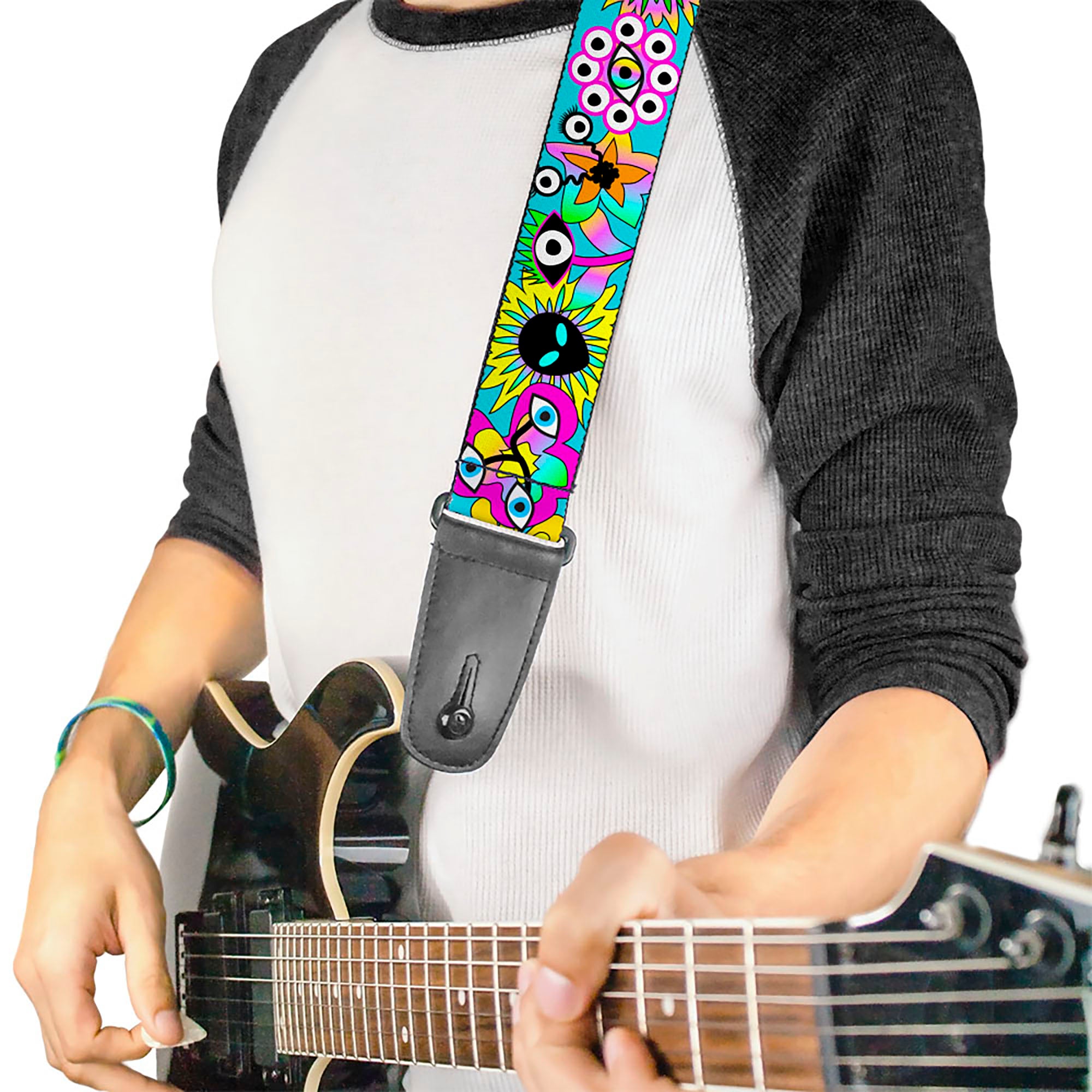 Guitar Strap - Funky Alien Flowers Aqua Blue/Multi Color Guitar Straps Buckle-Down   