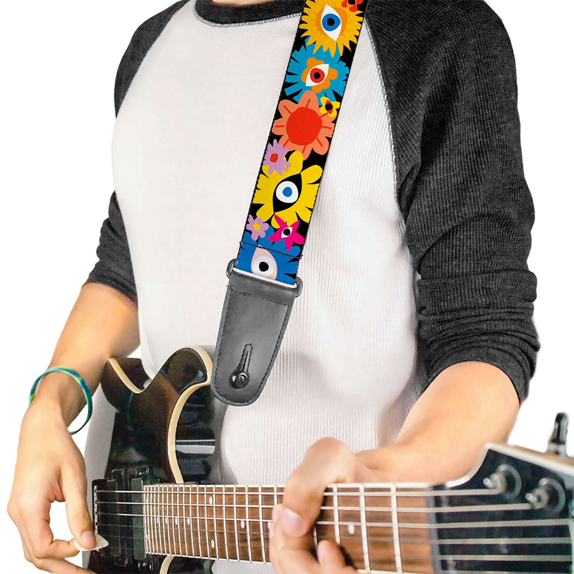 Guitar Strap - Funky Eye Flowers Black/Multi Color Guitar Straps Buckle-Down   