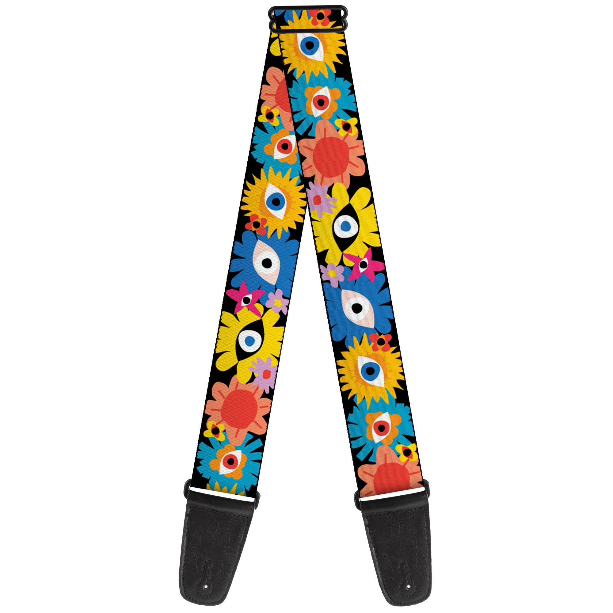 Guitar Strap - Funky Eye Flowers Black/Multi Color Guitar Straps Buckle-Down   