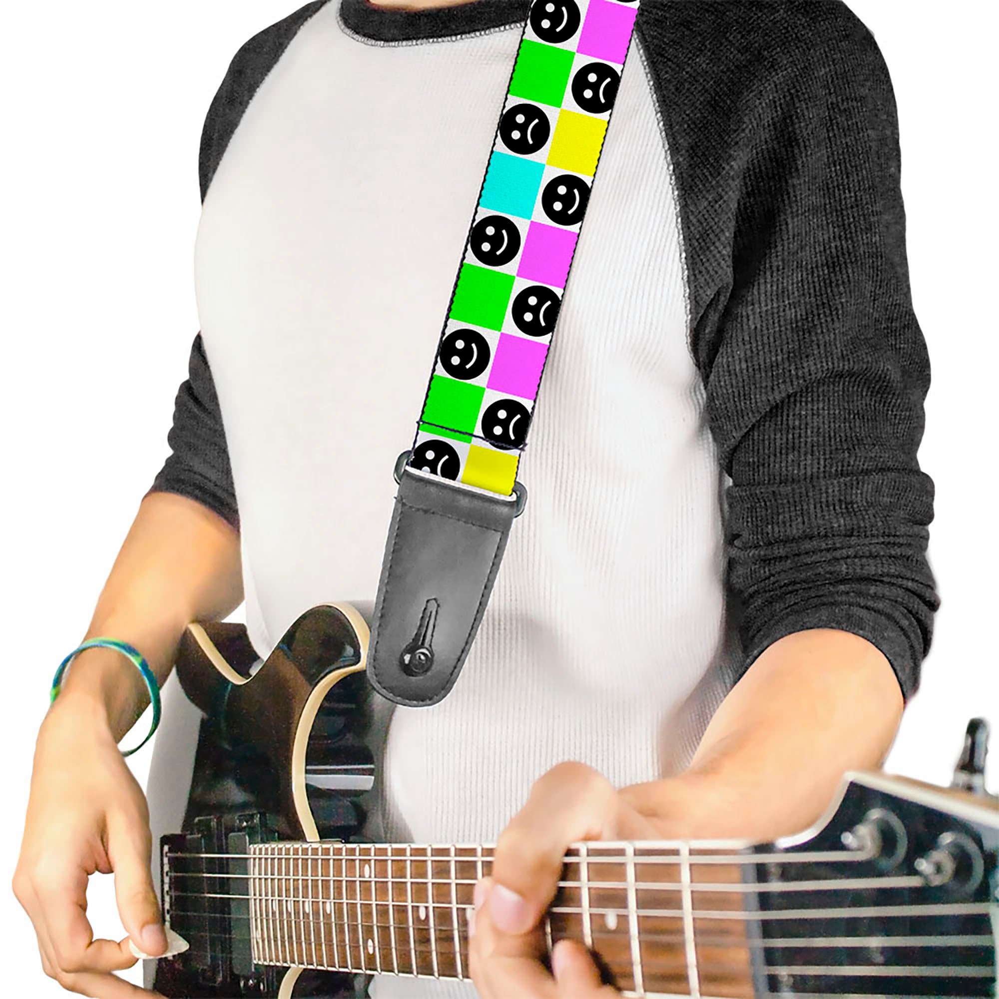 Guitar Strap - Smiley Sad Face Checker Multi Color/White Guitar Straps Buckle-Down   