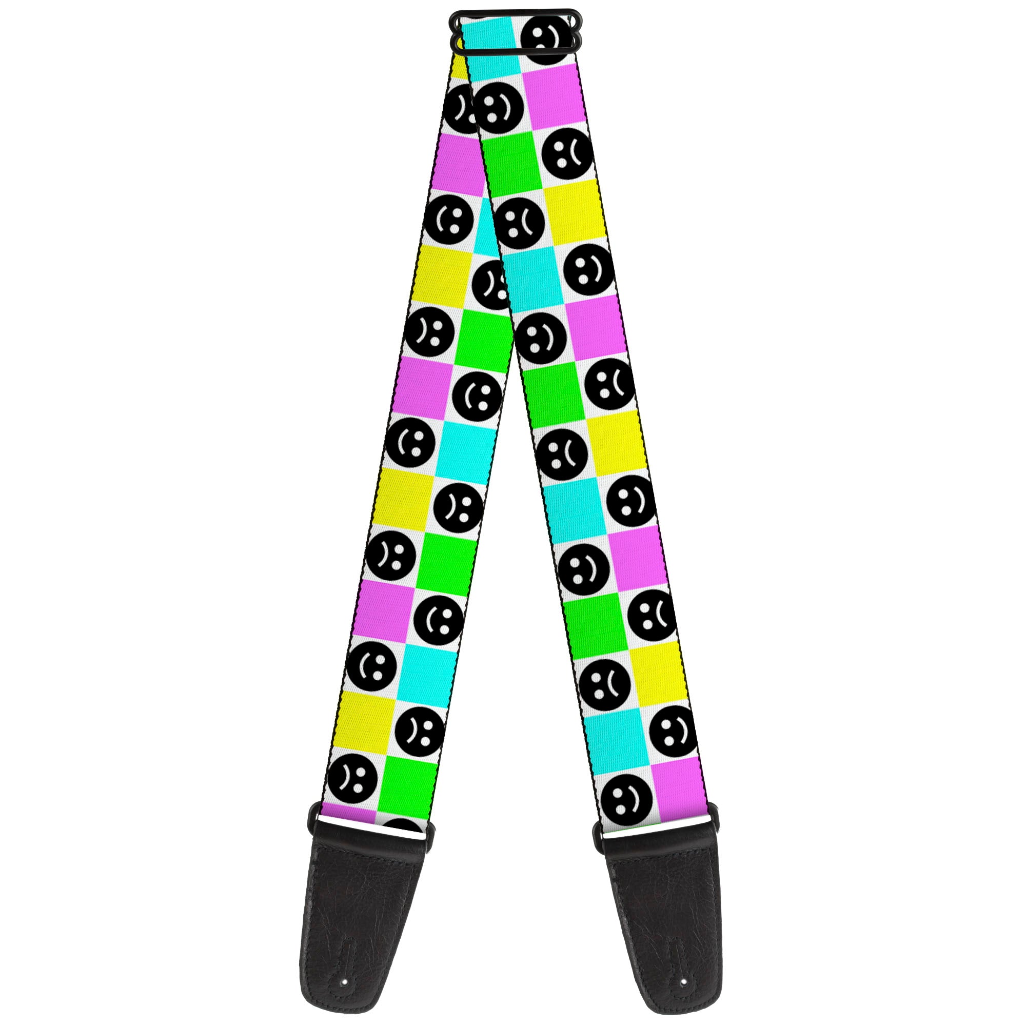 Guitar Strap - Smiley Sad Face Checker Multi Color/White Guitar Straps Buckle-Down   